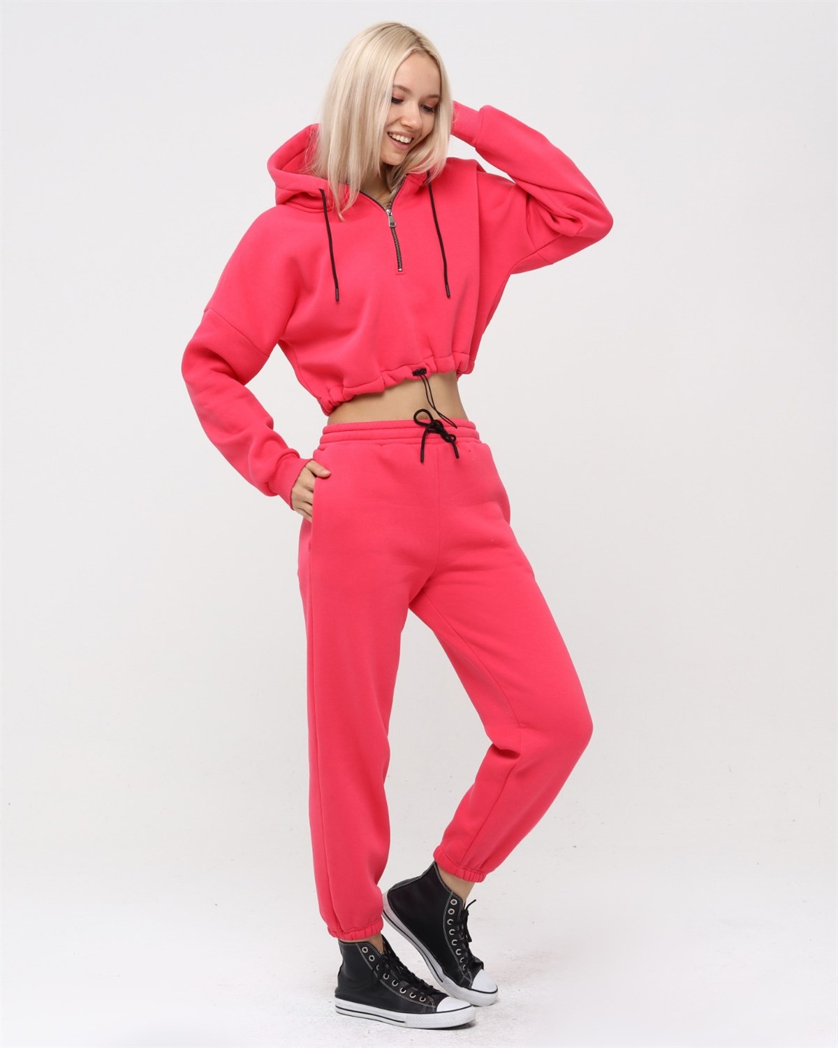 Yarım Fermuarlı Kapüşonlu Crop Sweatshirt 5502C