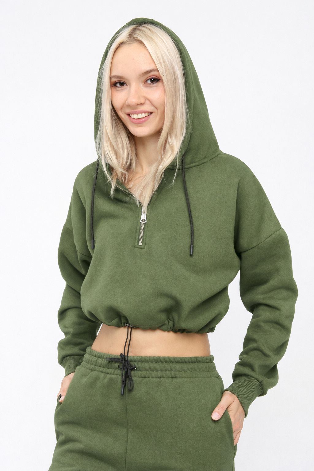 Yarım Fermuarlı Kapüşonlu Crop Sweatshirt 5502H