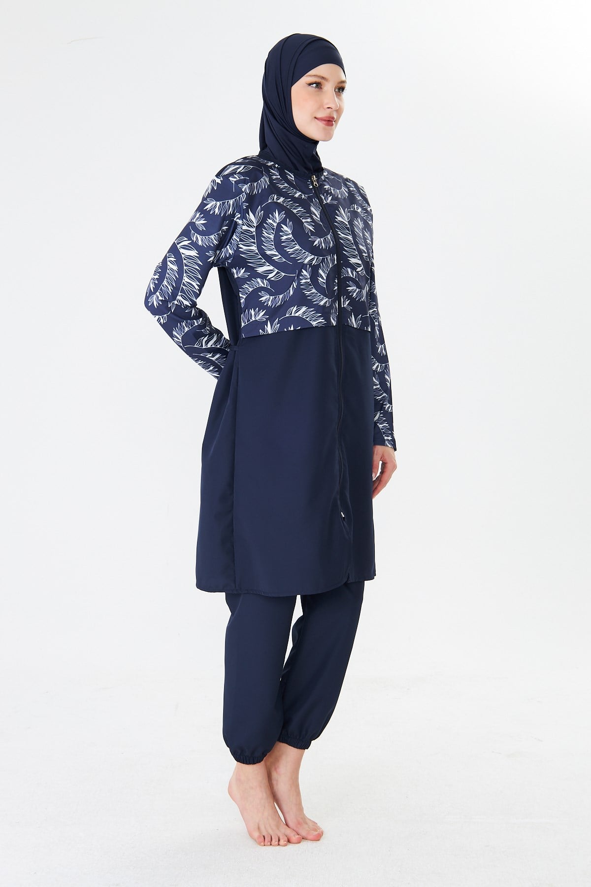 Tam Kapalı Büyük Beden Paraşüt Kumaş Desenli Tesettür Mayo Lacivert-3505B