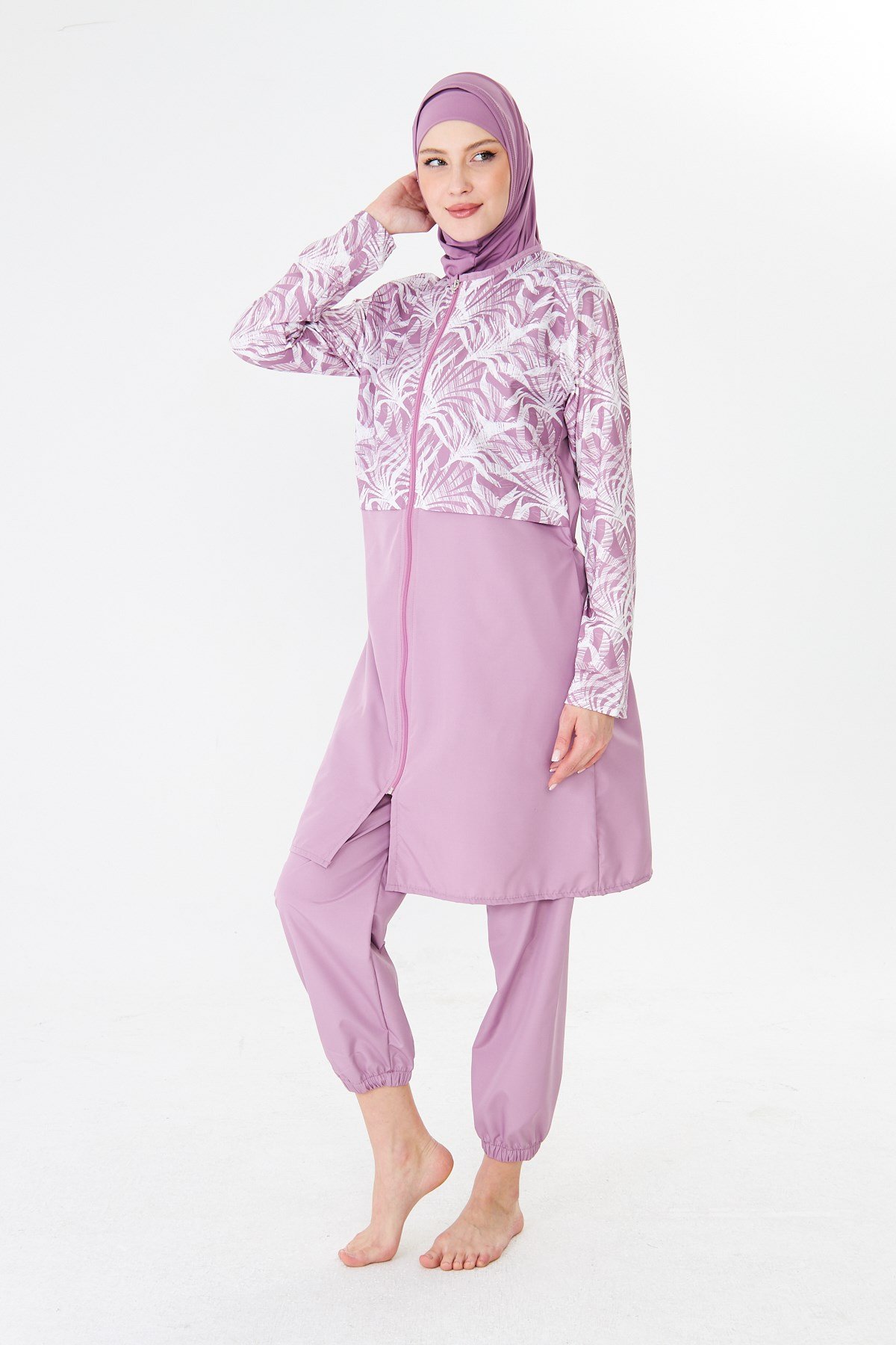 Tam Kapalı Büyük Beden Paraşüt Kumaş Desenli Tesettür Mayo Pembe-3502B