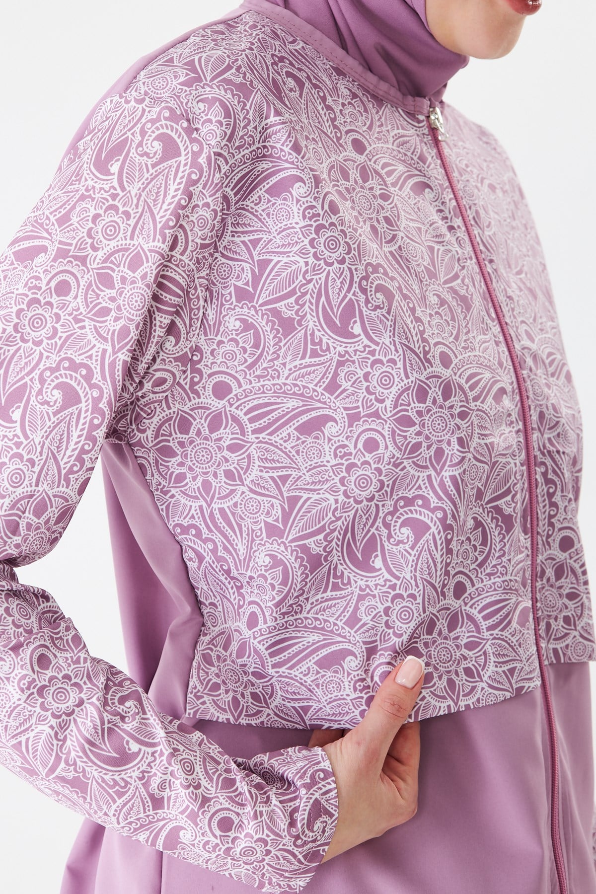 Tam Kapalı Büyük Beden Paraşüt Kumaş Desenli Tesettür Mayo Pembe-3503B