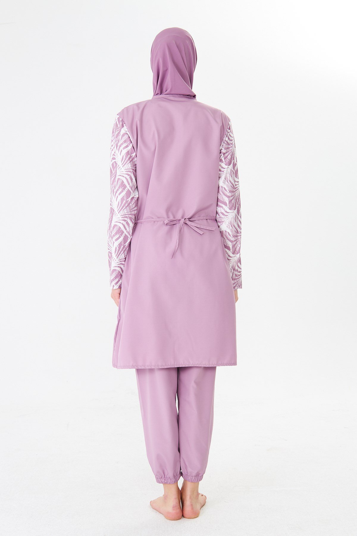 Tam Kapalı Büyük Beden Paraşüt Kumaş Desenli Tesettür Mayo Pembe-3502B