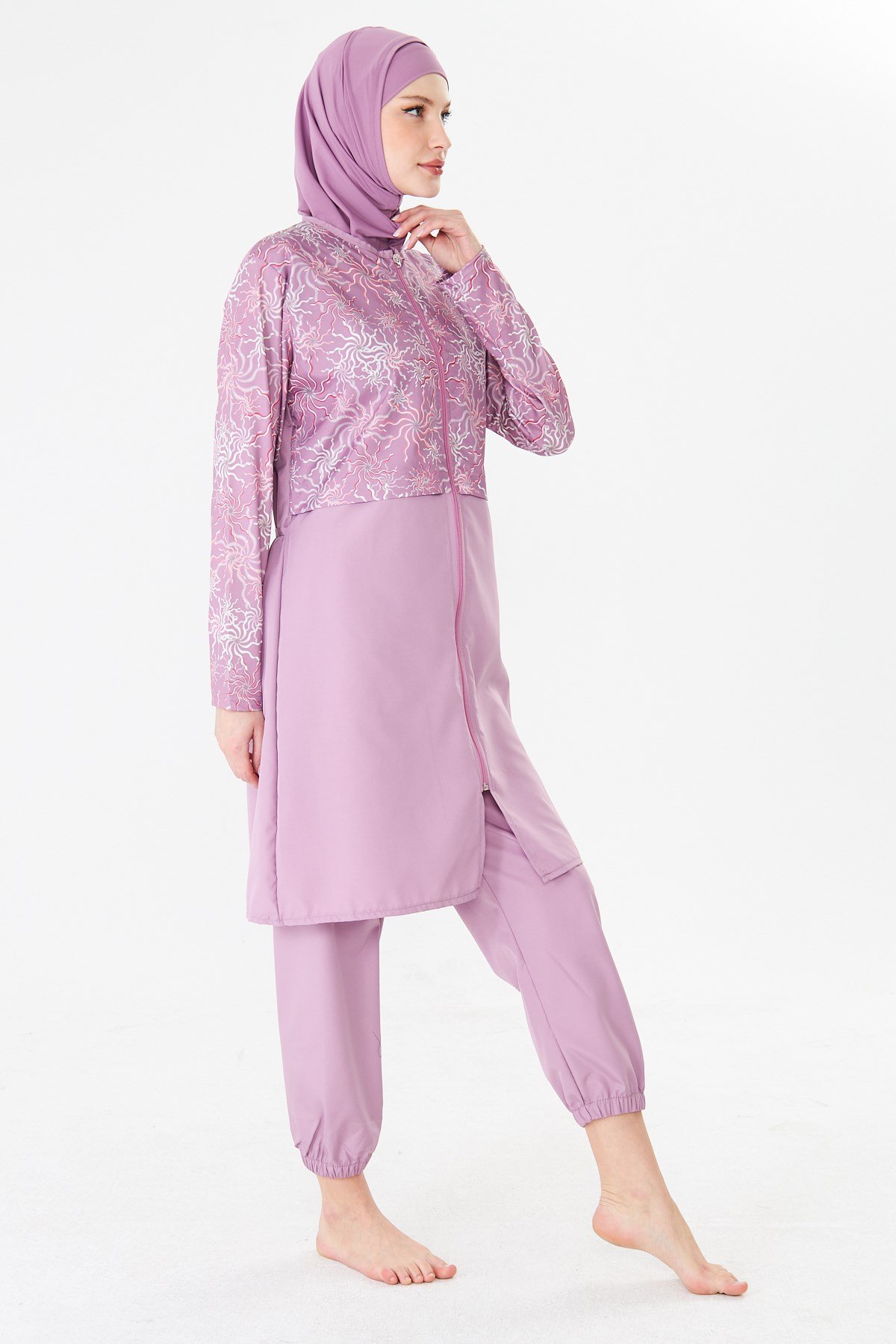 Tam Kapalı Paraşüt Kumaş Desenli Tesettür Mayo Pembe-3504