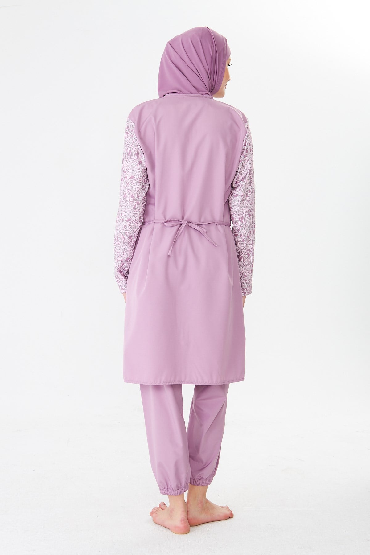 Tam Kapalı Paraşüt Kumaş Desenli Tesettür Mayo Pembe-3503