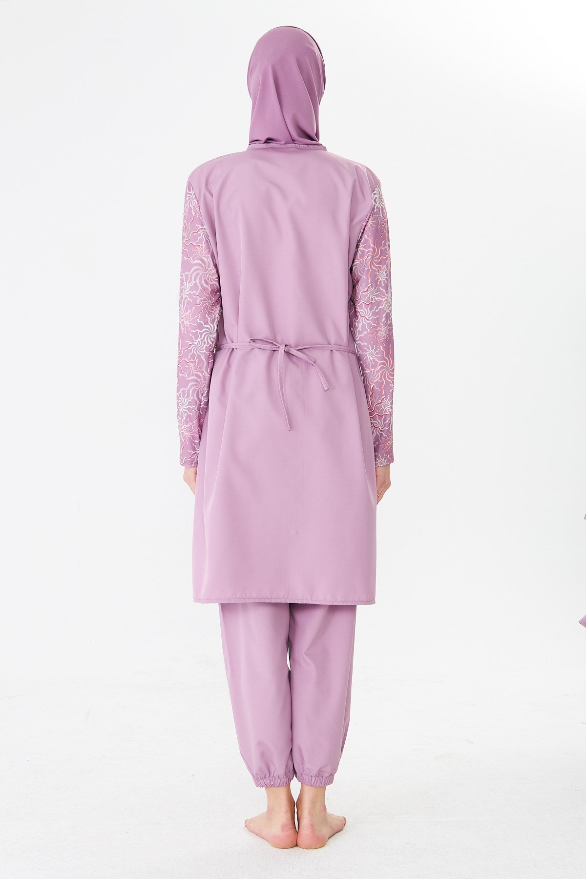 Tam Kapalı Paraşüt Kumaş Desenli Tesettür Mayo Pembe-3504