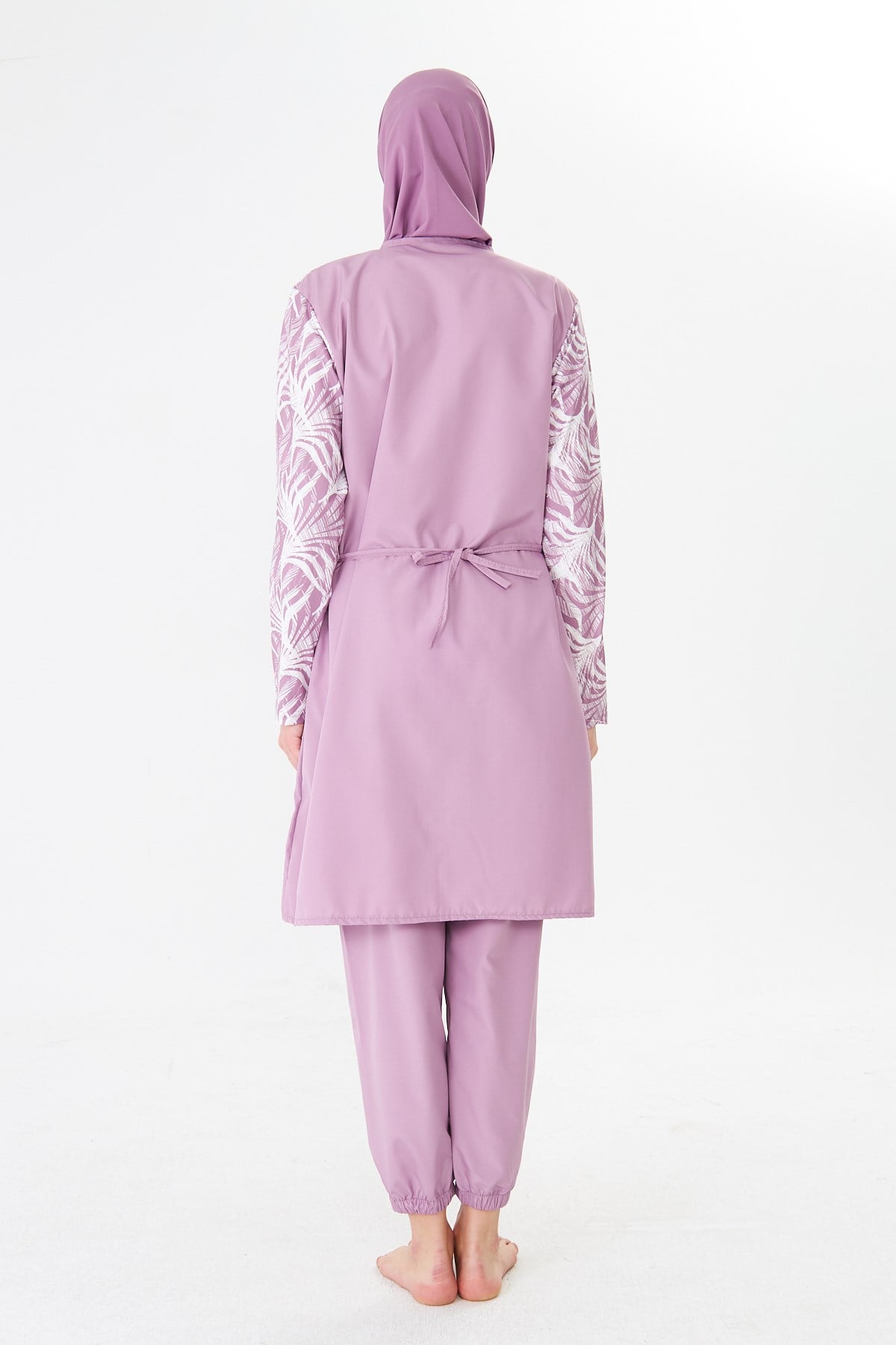 Tam Kapalı Paraşüt Kumaş Desenli Tesettür Mayo Pembe-3502