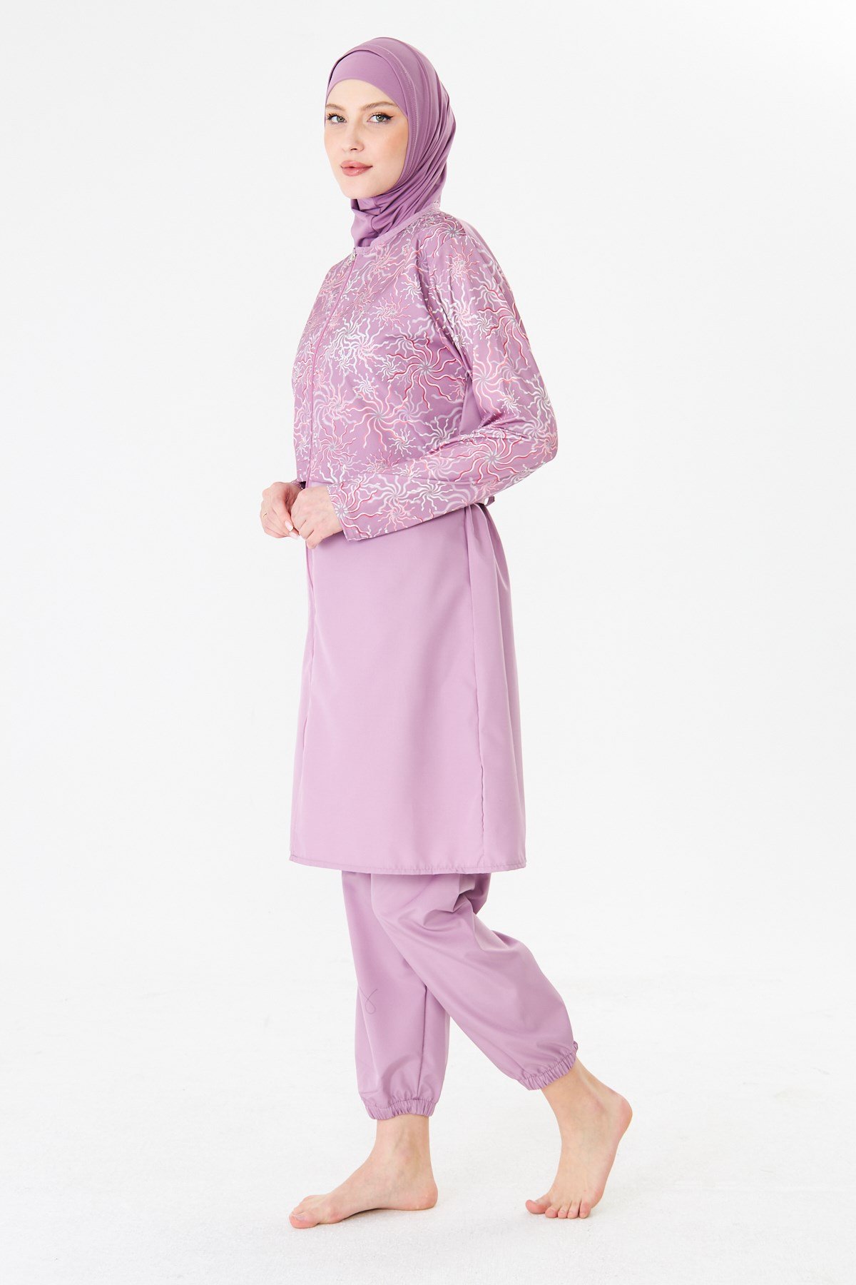 Tam Kapalı Paraşüt Kumaş Desenli Tesettür Mayo Pembe-3504