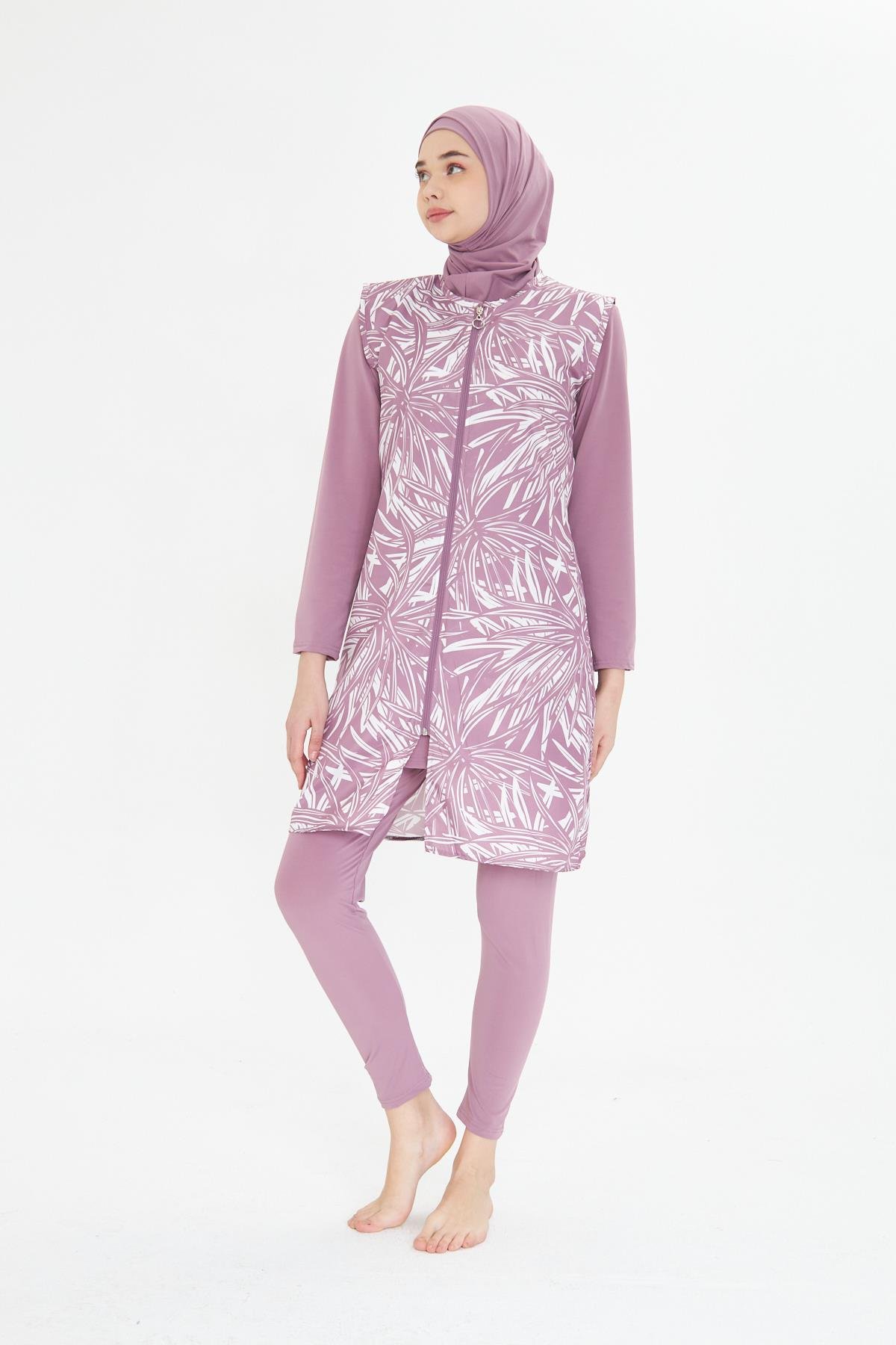 Tam Kapalı Yelekli Desenli Paraşüt Kumaş Tesettür Mayo Pembe 3475-P