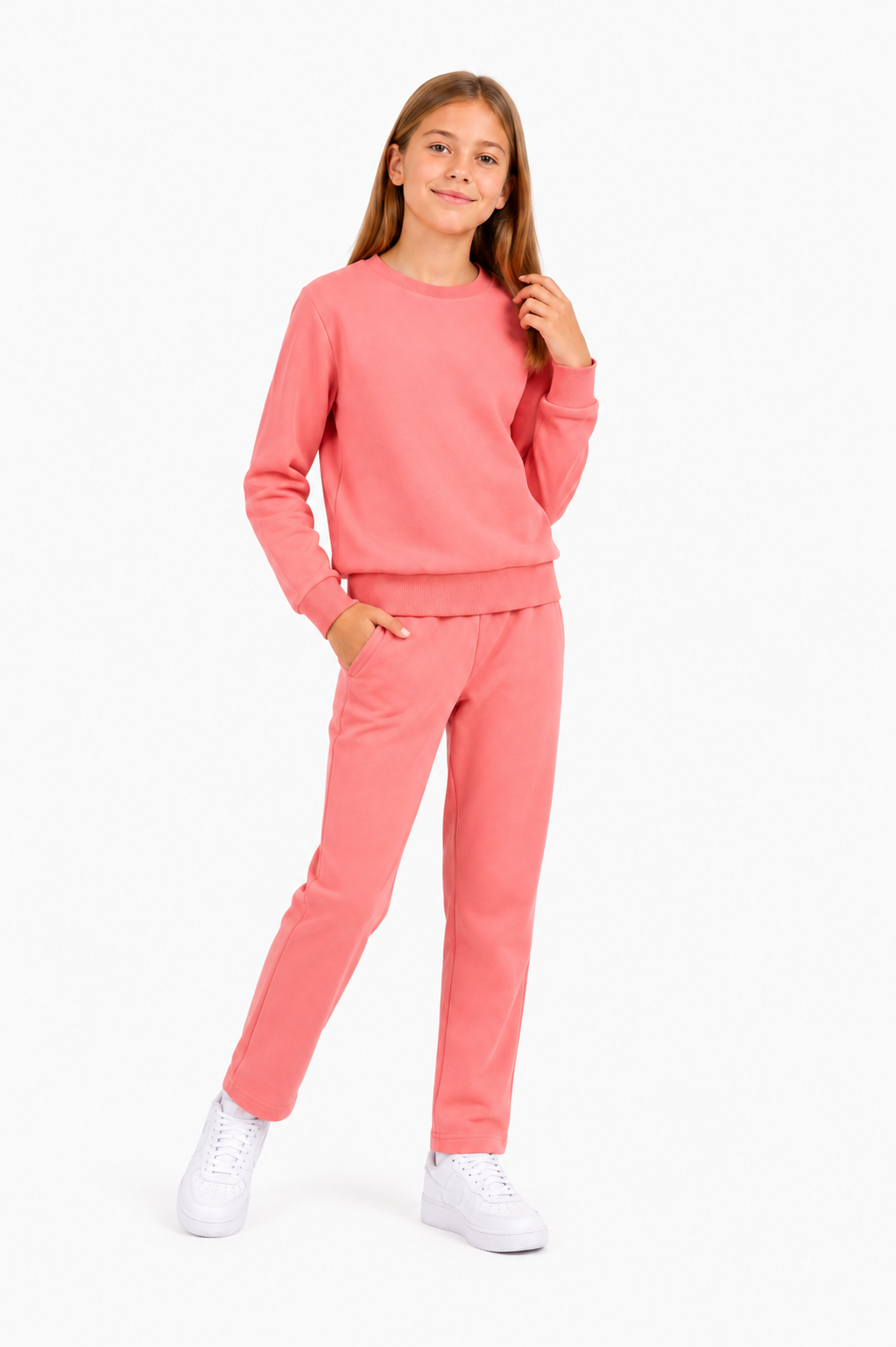 Unisex Çocuk Pamuklu Bisiklet Yaka Eşofman Takımı Pembe-301