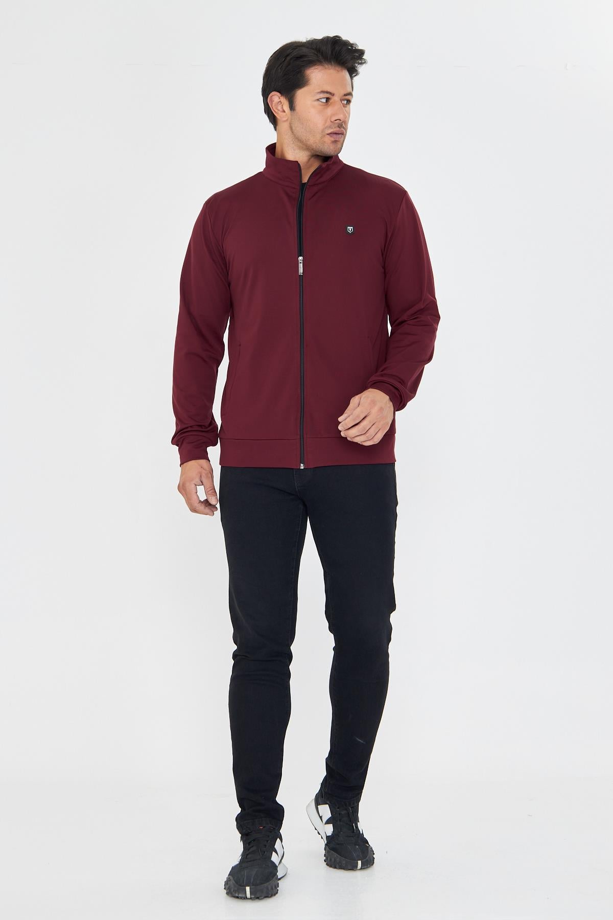 Erkek Tam Fermuarlı Şardonlu Dalgıç Sweatshirt Bordo 5256SW-B