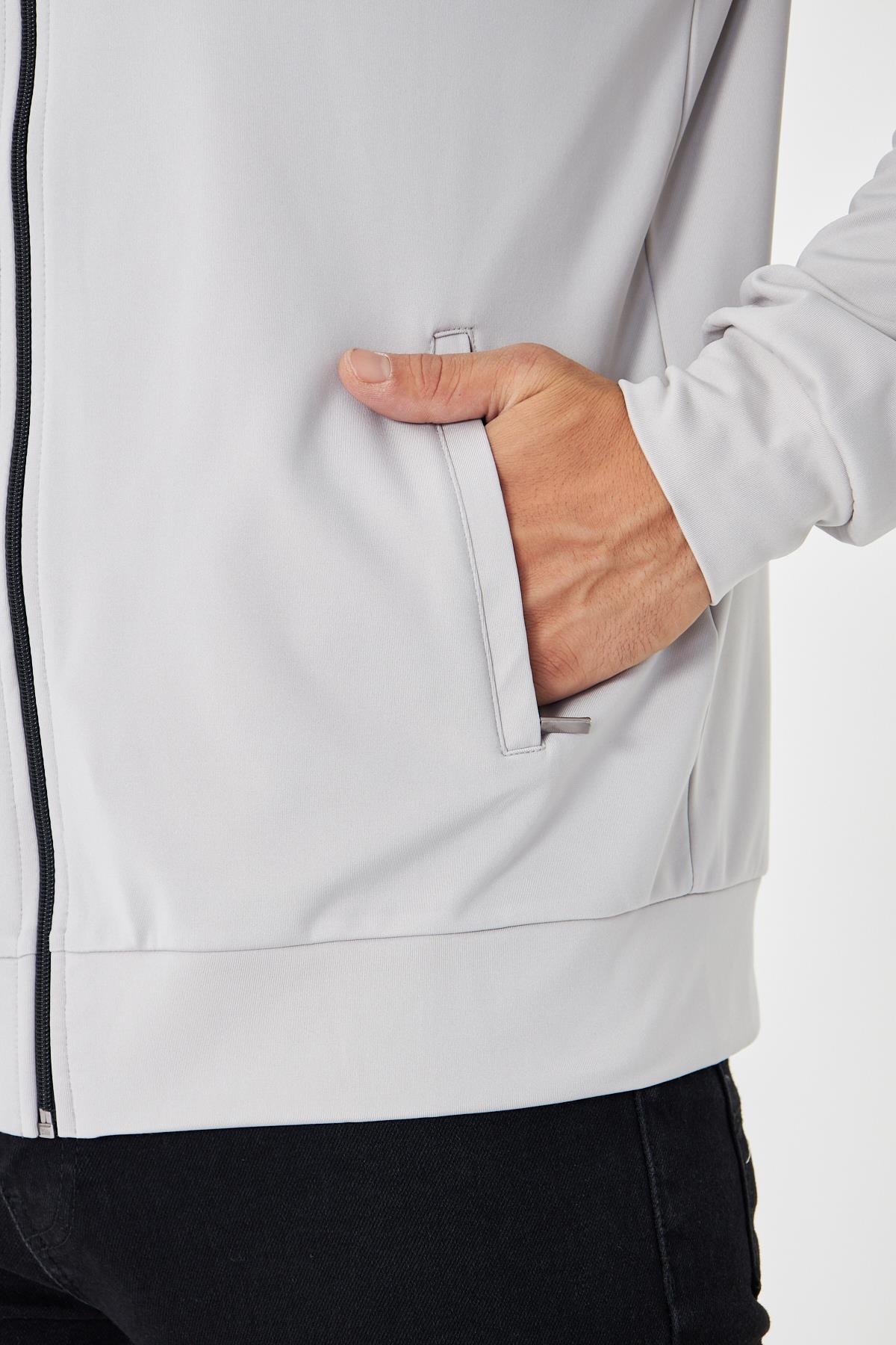Erkek Tam Fermuarlı Şardonlu Dalgıç Sweatshirt Gri 5256SW-G