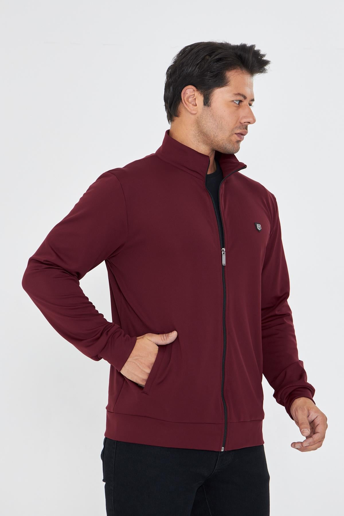 Erkek Tam Fermuarlı Şardonlu Dalgıç Sweatshirt Bordo 5256SW-B