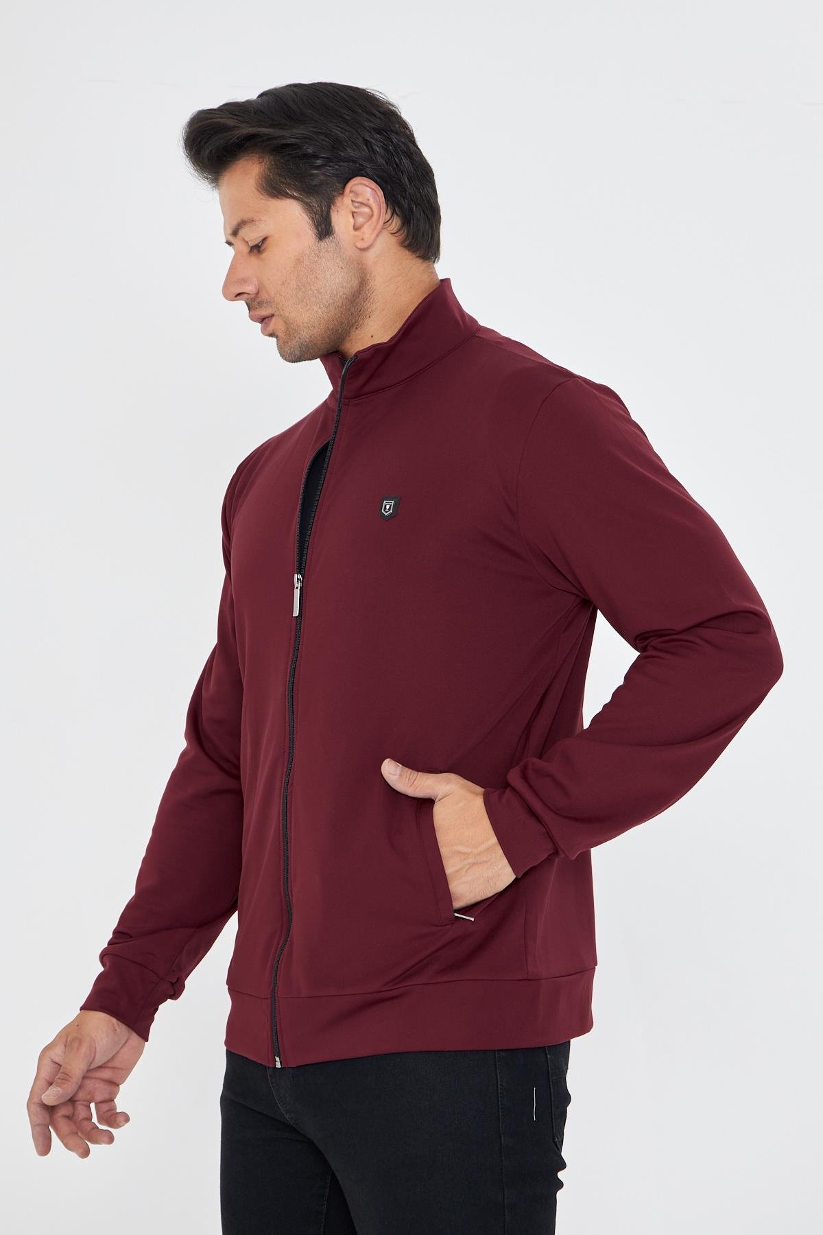 Erkek Tam Fermuarlı Şardonlu Dalgıç Sweatshirt Bordo 5256SW-B