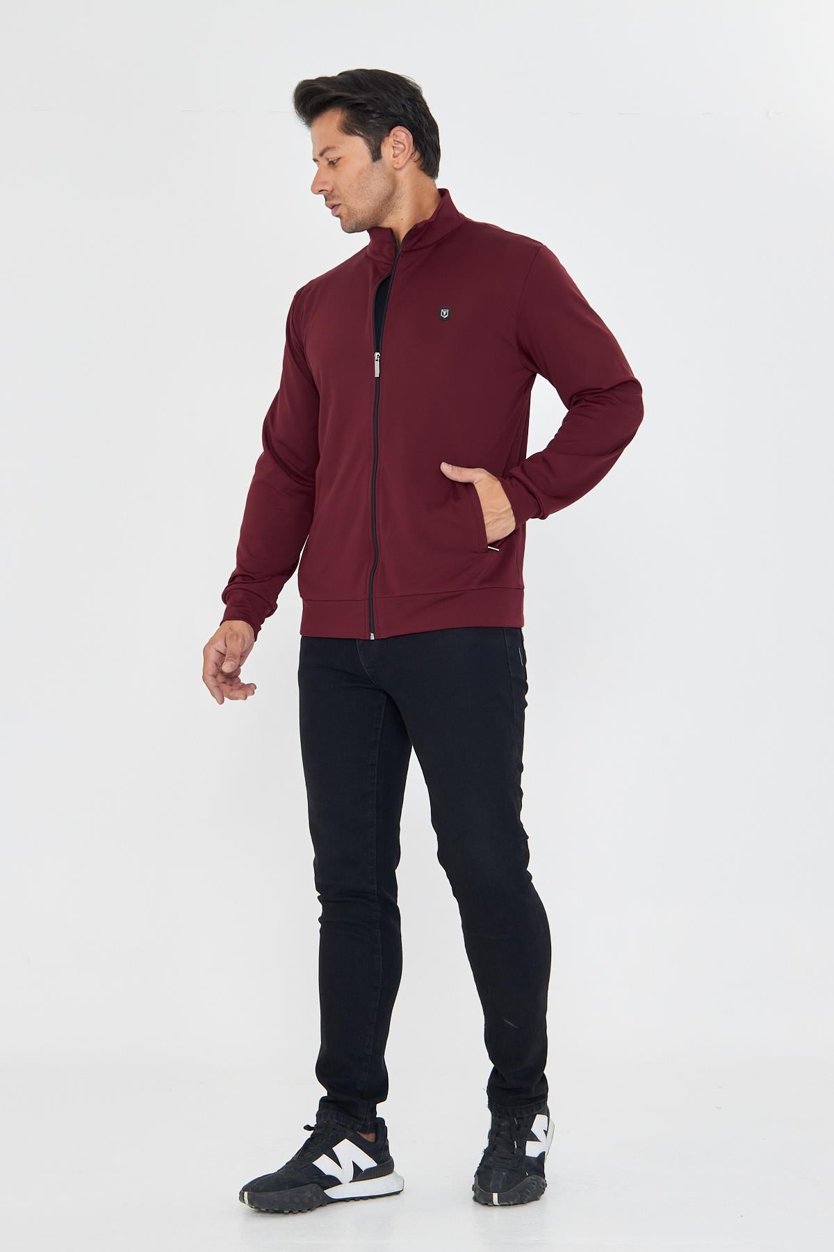 Erkek Tam Fermuarlı Şardonlu Dalgıç Sweatshirt Bordo 5256SW-B
