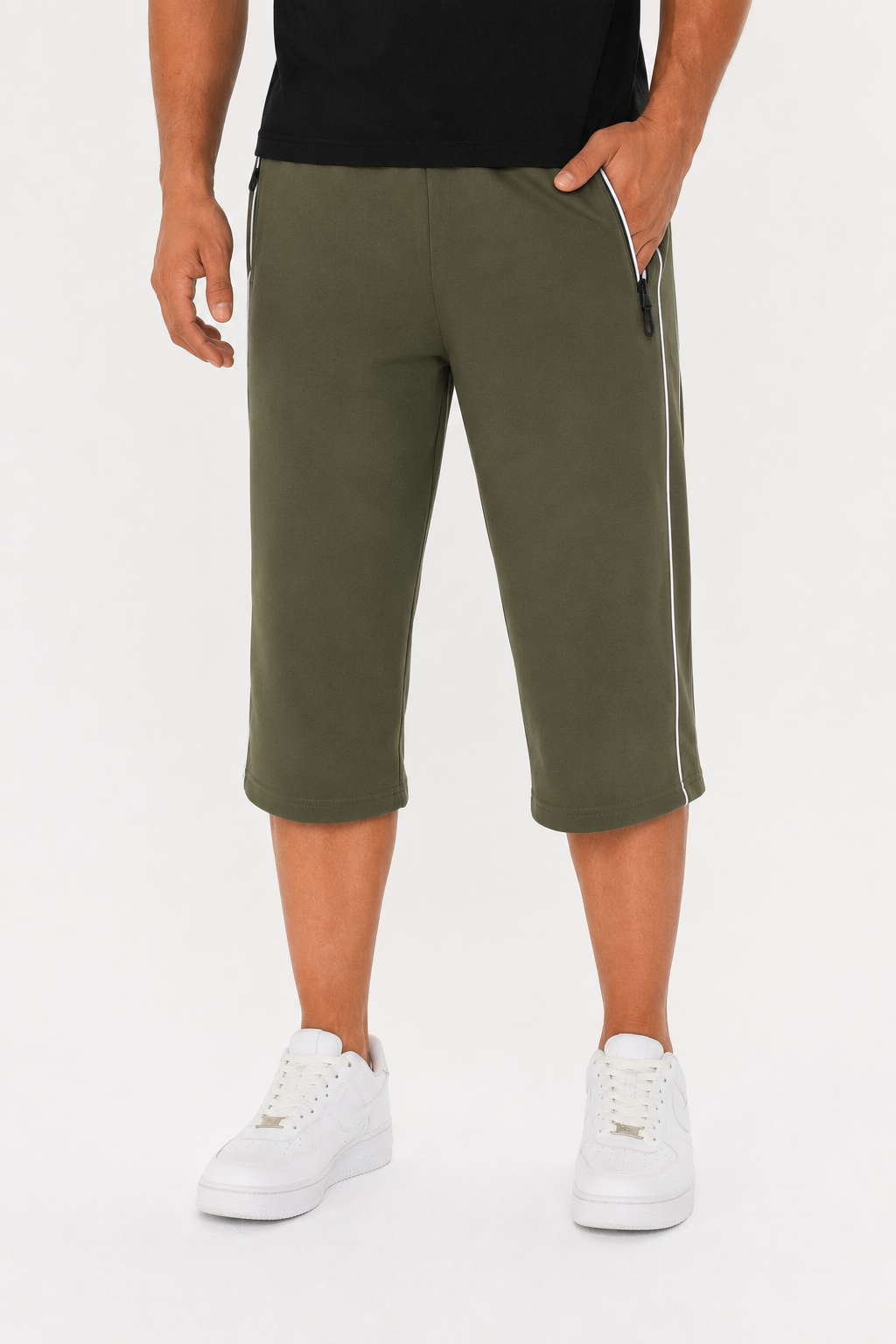 Erkek Pamuklu Şerit Detaylı Kapri Haki-6077