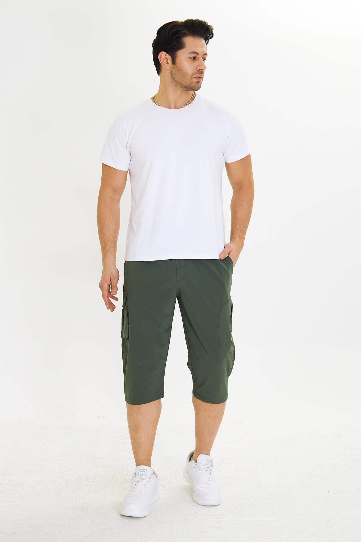 Erkek StretchFit Kargo Cepli Esnek Kapri Haki 6035-H