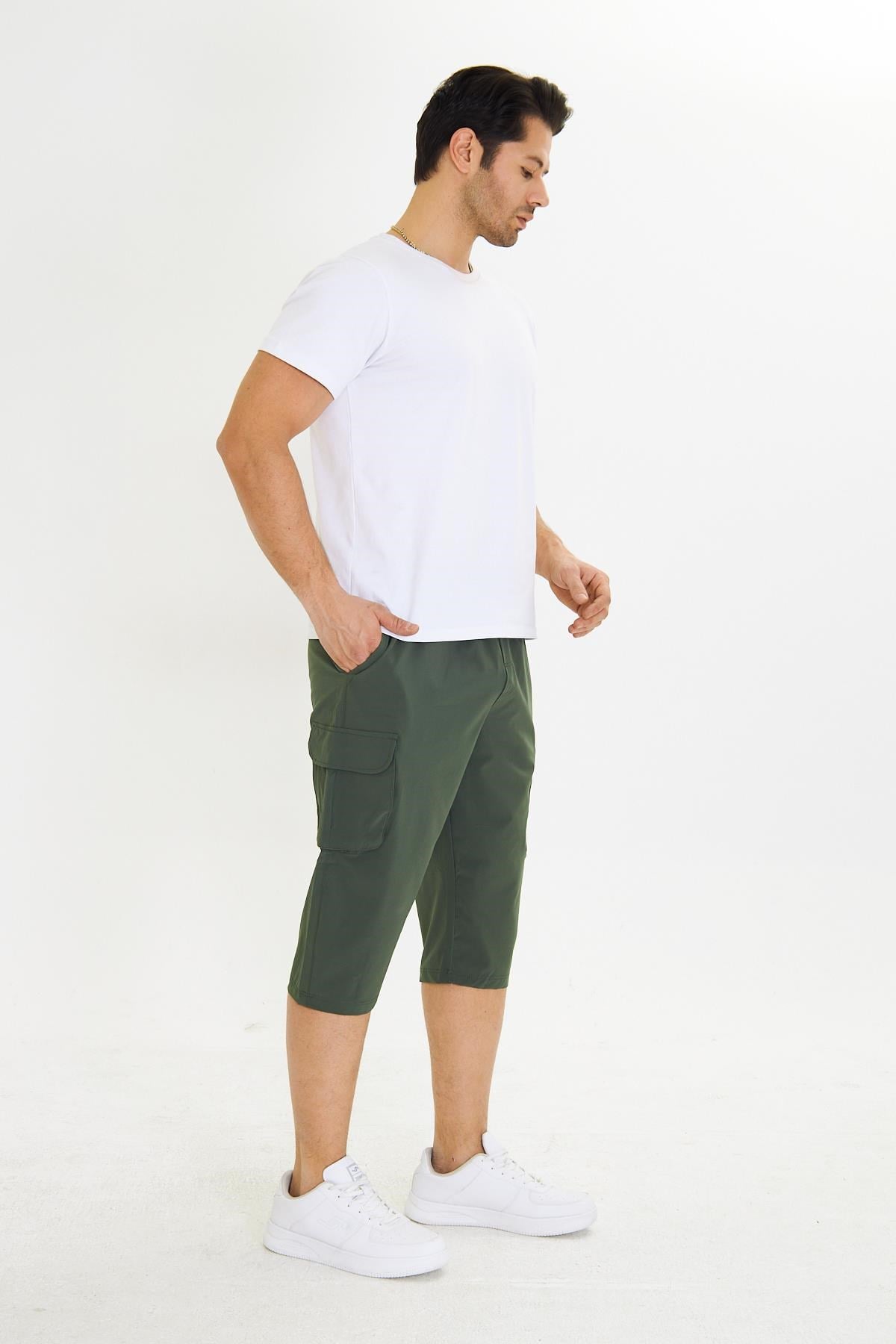 Erkek StretchFit Kargo Cepli Esnek Kapri Haki 6035-H