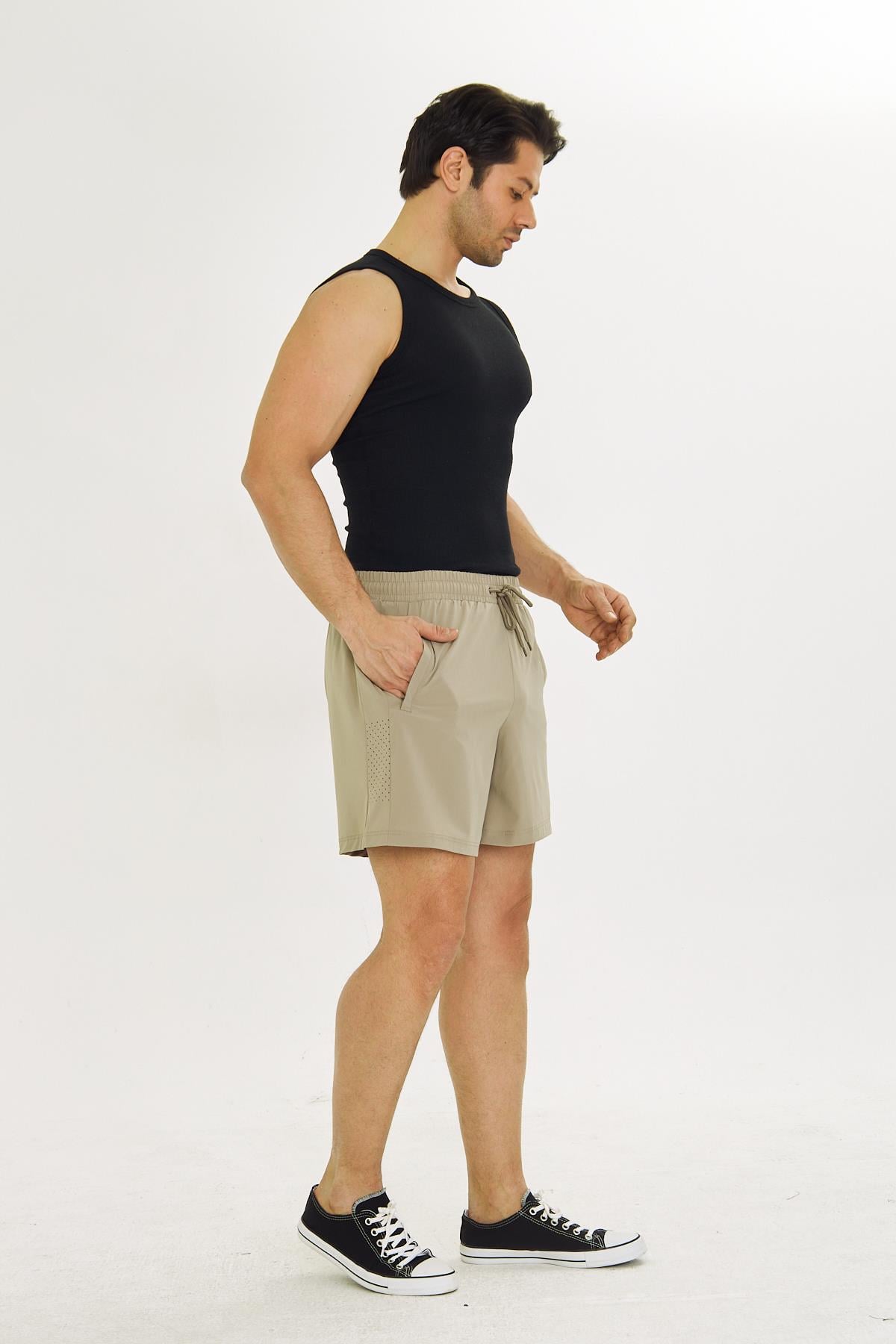 Erkek StretchFit İçi Astarlı Esnek Sporcu Şortu Bej 2658-B