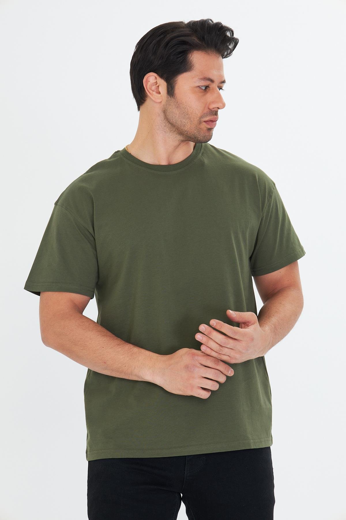 Erkek Pamuklu Bisiklet Yaka Oversize Tişört Haki 5015-H