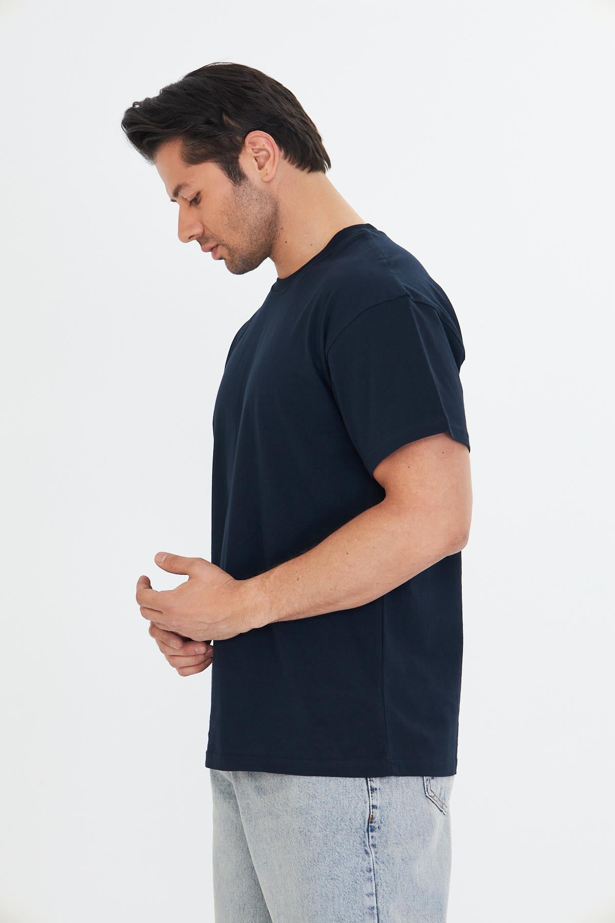 Erkek Pamuklu Bisiklet Yaka Oversize Tişört Lacivert 5015-L