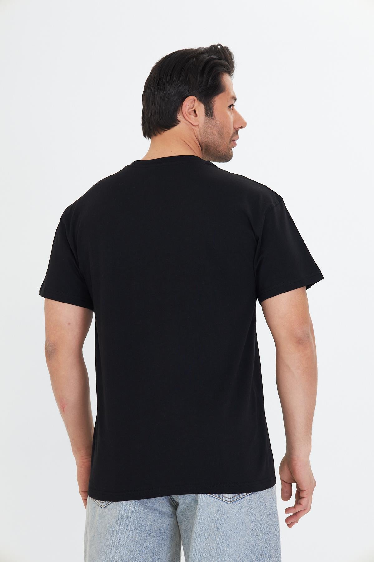 Erkek Pamuklu Bisiklet Yaka Oversize Tişört Siyah 5015-S