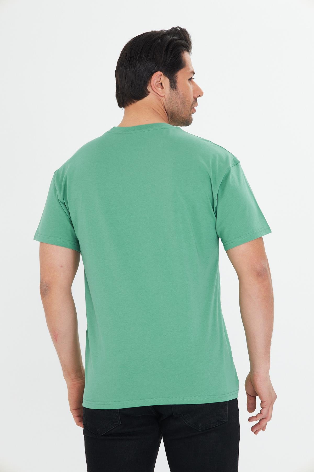 Erkek Pamuklu Bisiklet Yaka Oversize Tişört Yeşil 5015-Y