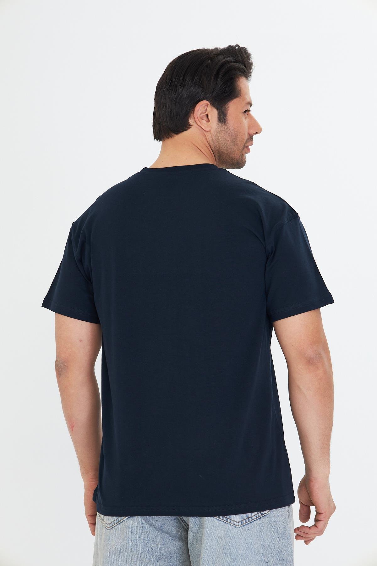 Erkek Pamuklu Bisiklet Yaka Oversize Tişört Lacivert 5015-L