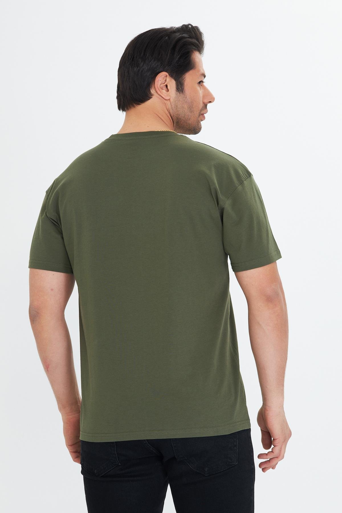 Erkek Pamuklu Bisiklet Yaka Oversize Tişört Haki 5015-H