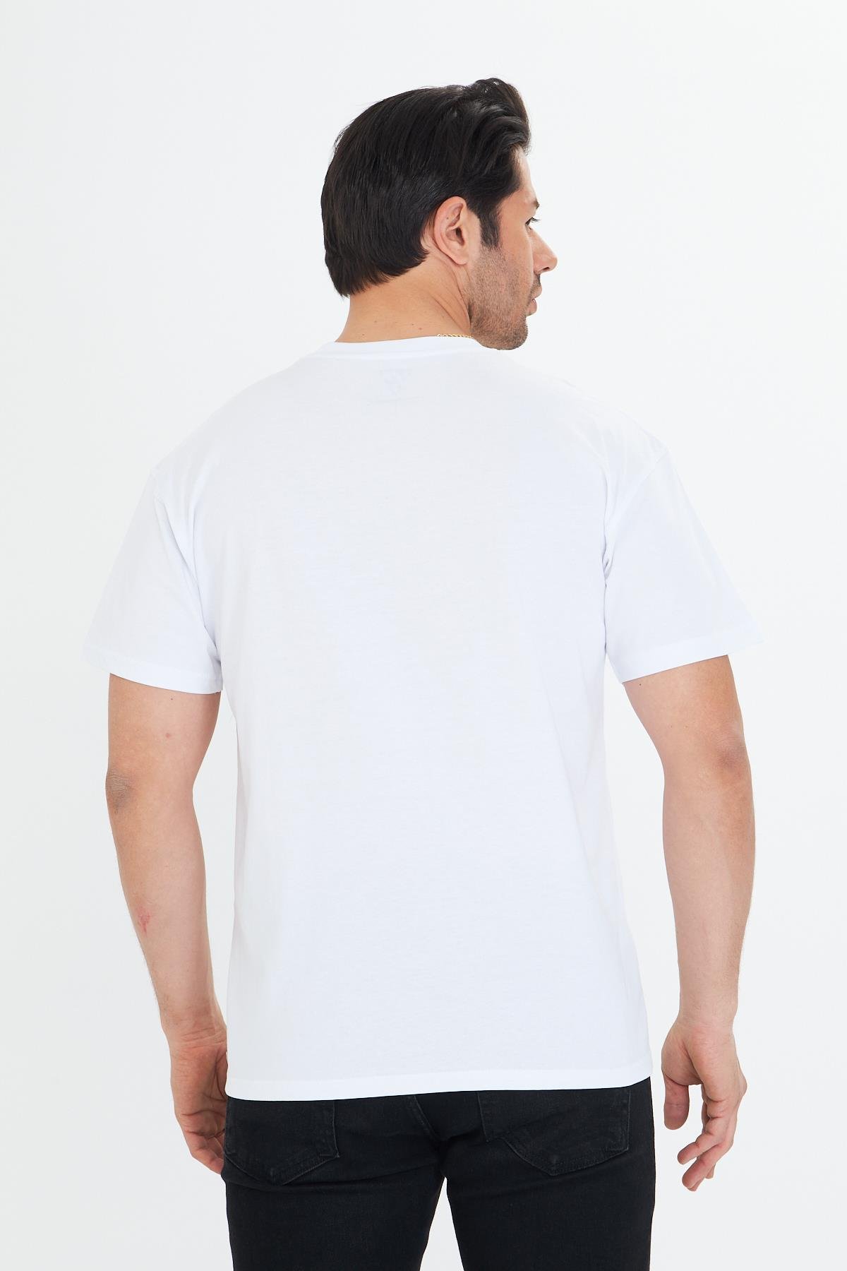 Erkek Pamuklu Bisiklet Yaka Oversize Tişört Beyaz 5015-B
