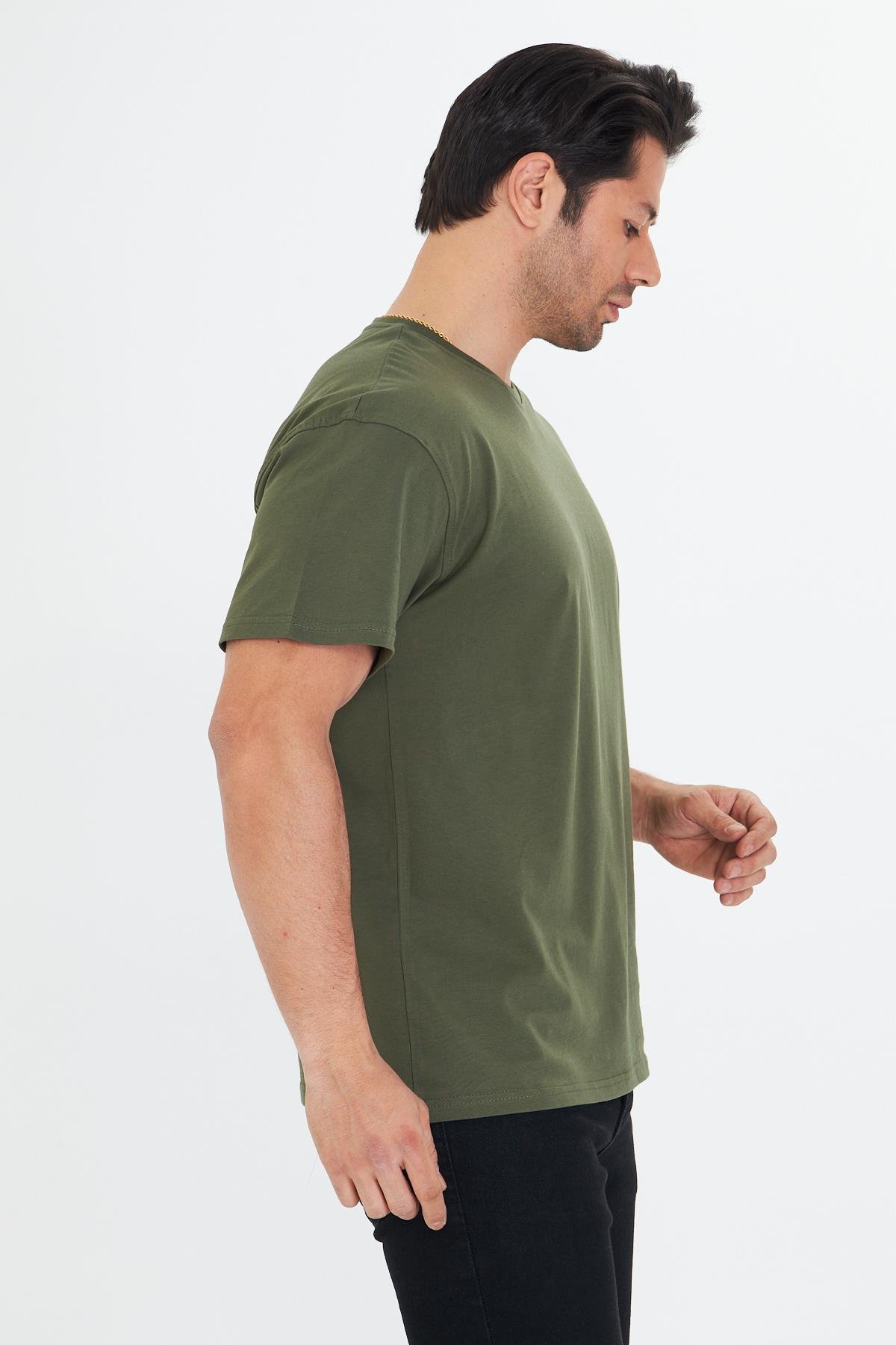 Erkek Pamuklu Bisiklet Yaka Oversize Tişört Haki 5015-H