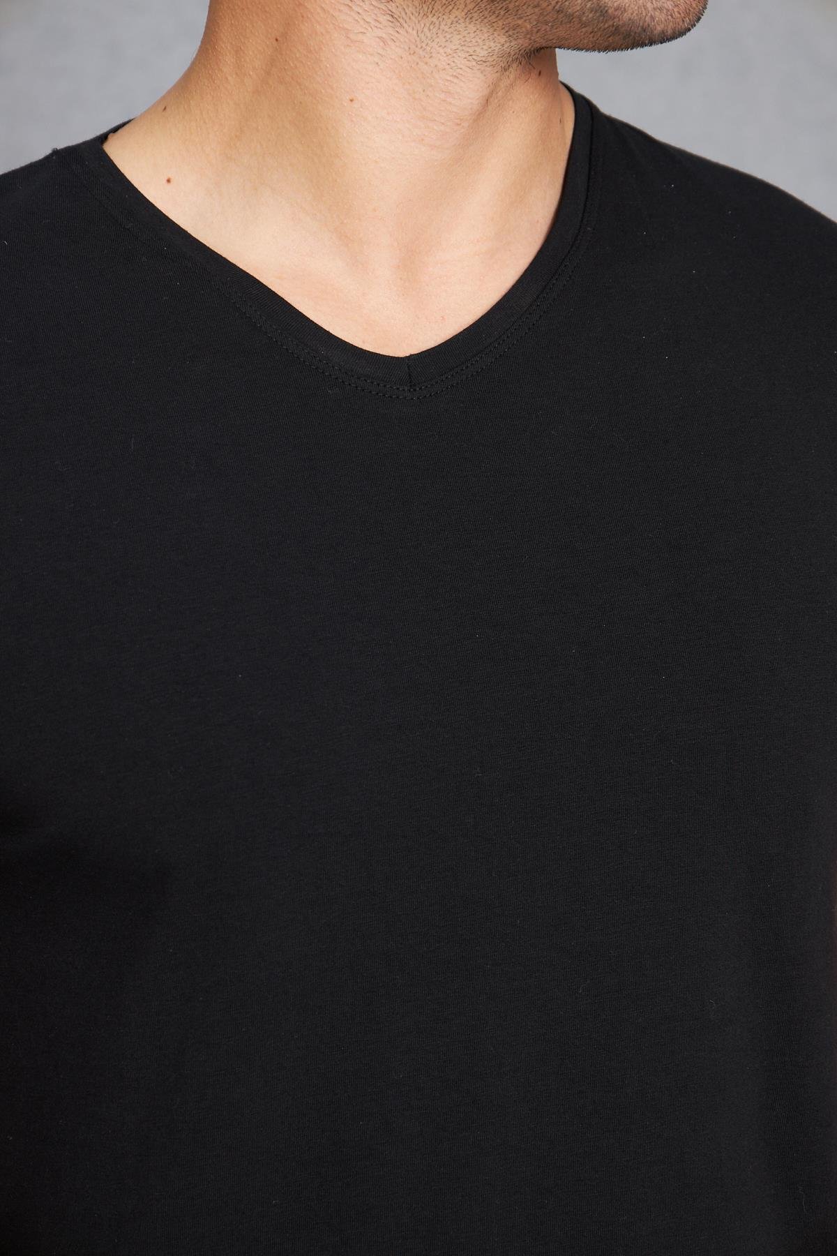 Erkek Pamuklu Slim Fit V Yaka Tişört Siyah 5016-S