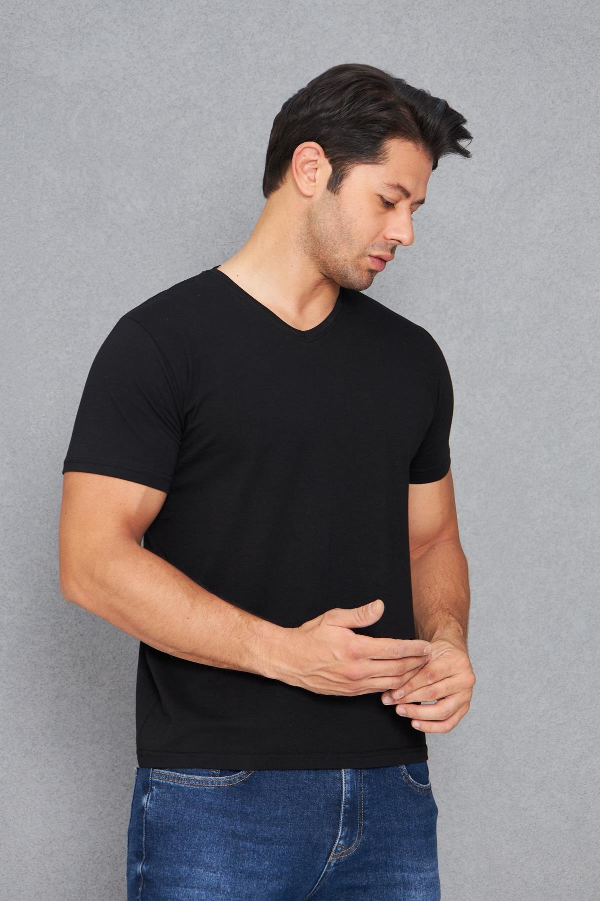 Erkek Pamuklu Slim Fit V Yaka Tişört Siyah 5016-S