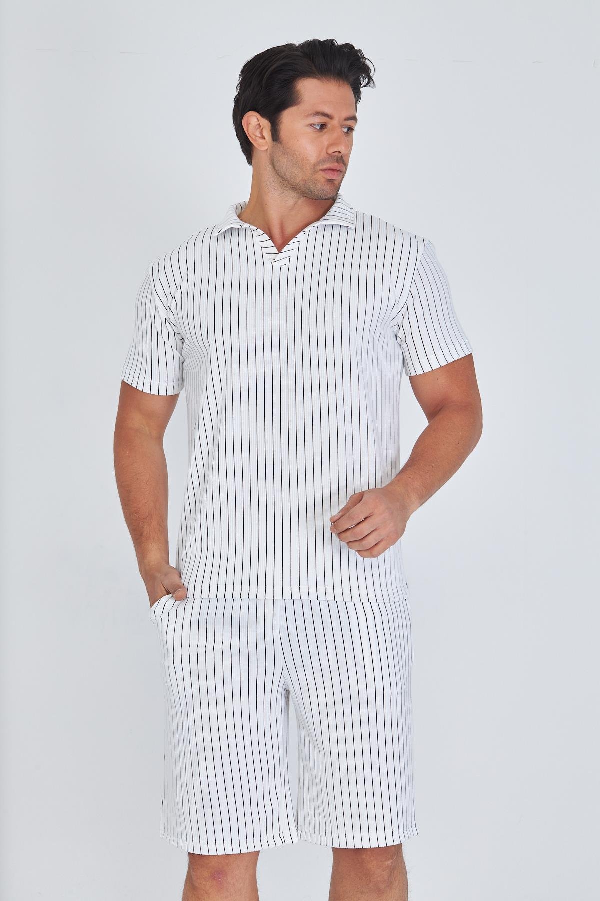 Erkek Yakalı Çizgili Polycotton T-shirt Şort İkili Takım Bej 5733-B