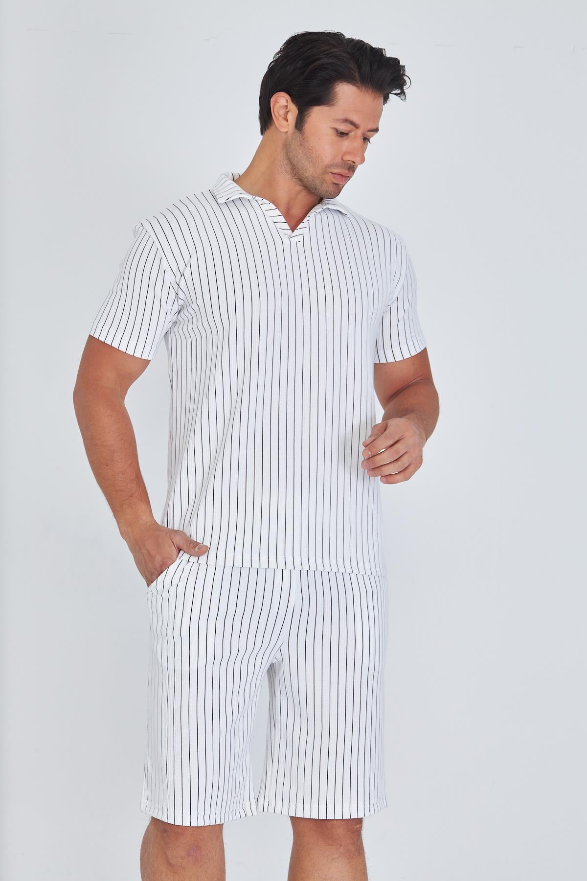 Erkek Yakalı Çizgili Polycotton T-shirt Şort İkili Takım Bej 5733-B