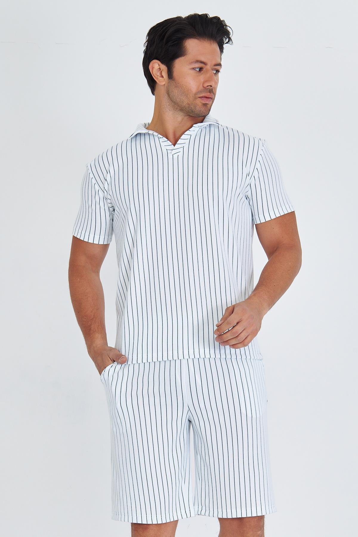 Erkek Yakalı Çizgili Polycotton T-shirt Şort İkili Takım Petrol 5733-P