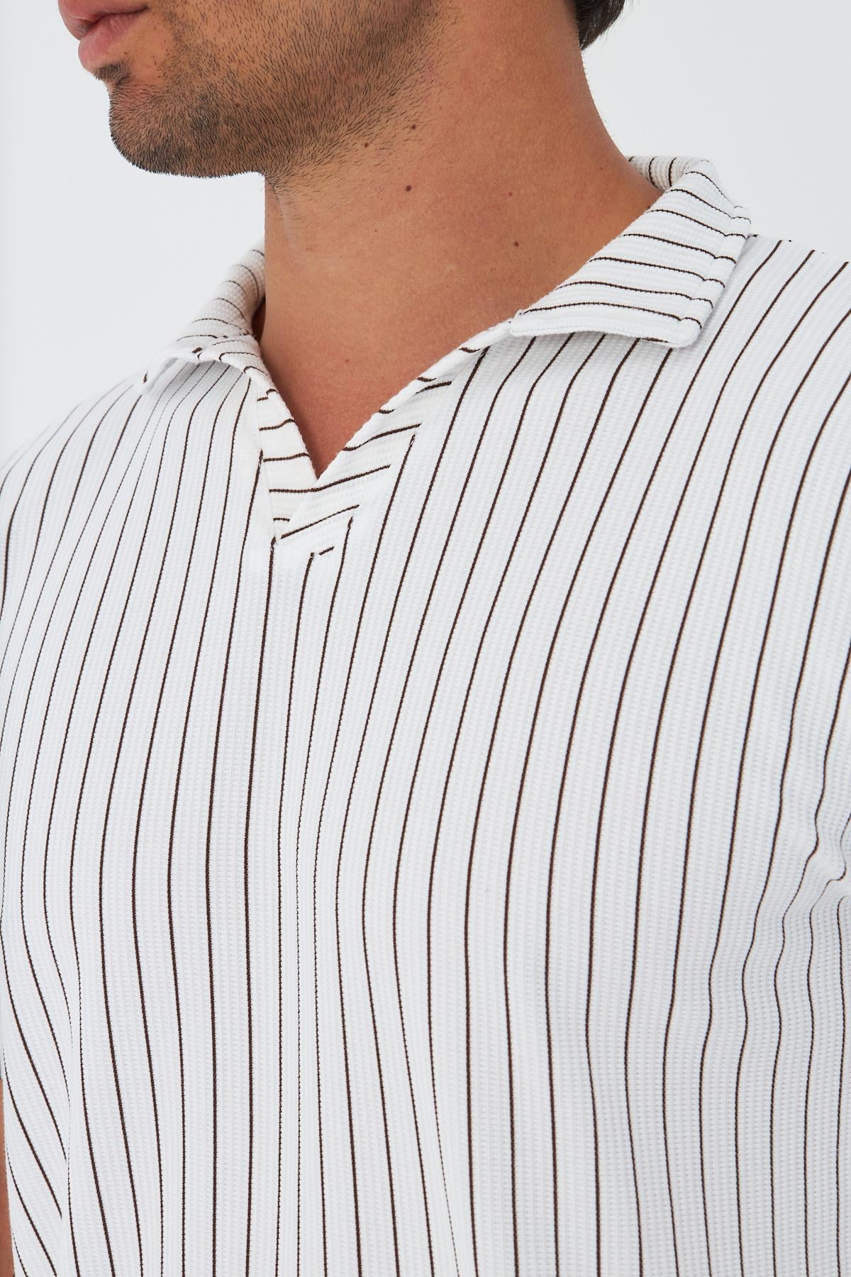 Erkek Yakalı Çizgili Polycotton T-shirt Şort İkili Takım Bej 5733-B