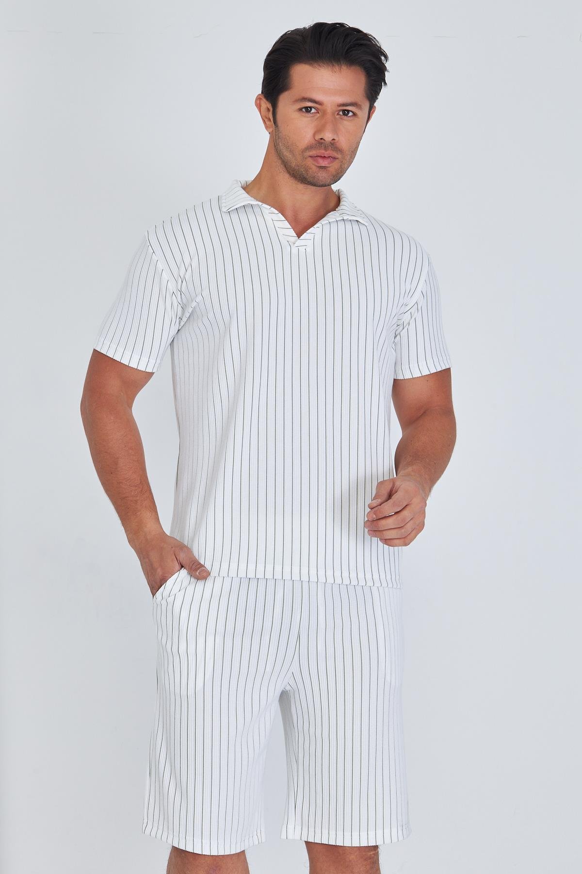 Erkek Yakalı Çizgili Polycotton T-shirt Şort İkili Takım Haki 5733-H