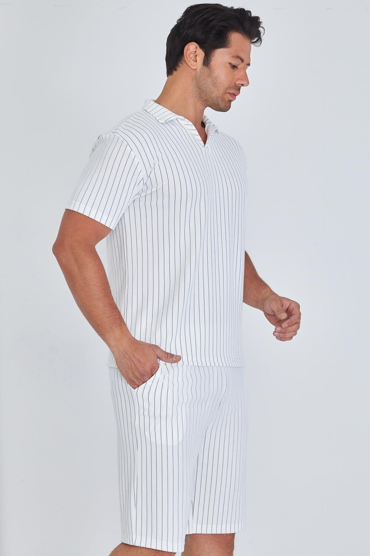 Erkek Yakalı Çizgili Polycotton T-shirt Şort İkili Takım Haki 5733-H