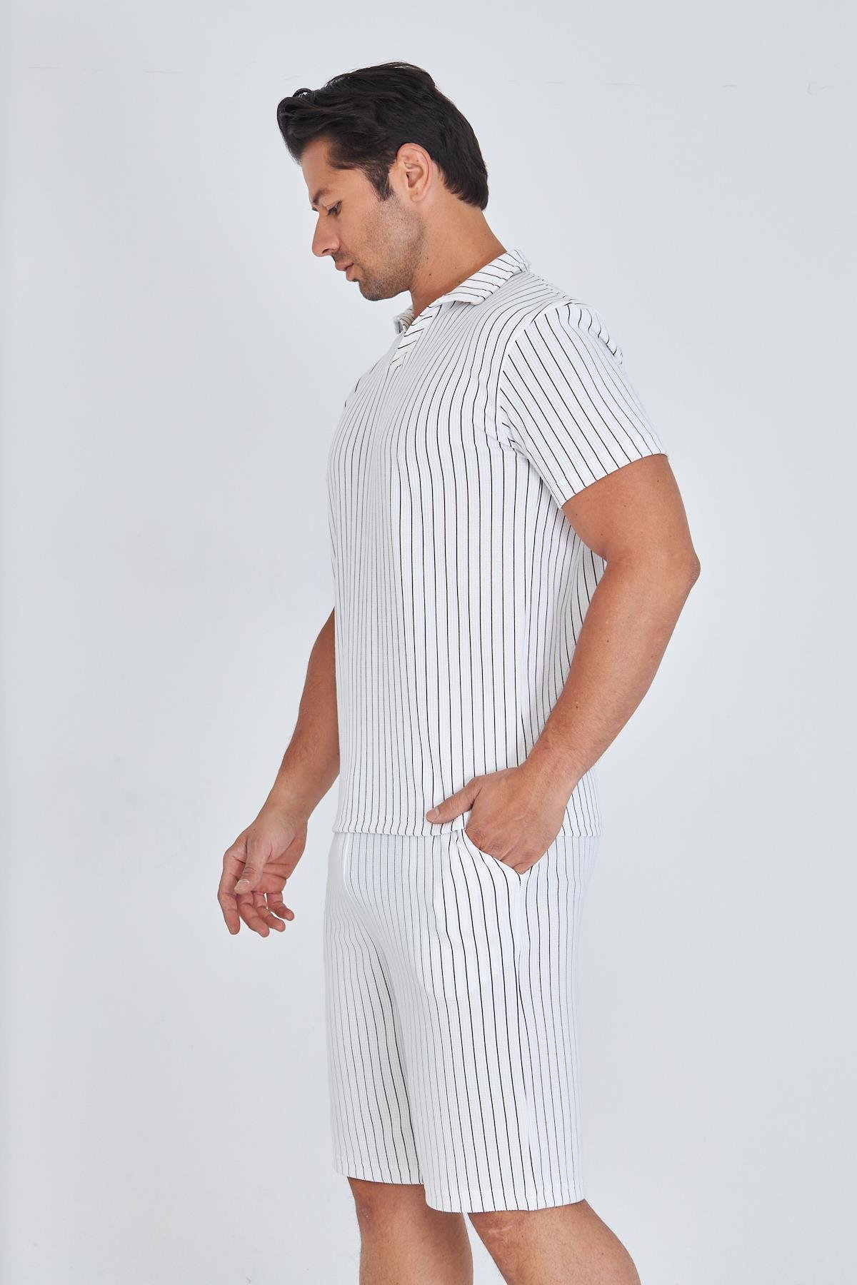 Erkek Yakalı Çizgili Polycotton T-shirt Şort İkili Takım Bej 5733-B