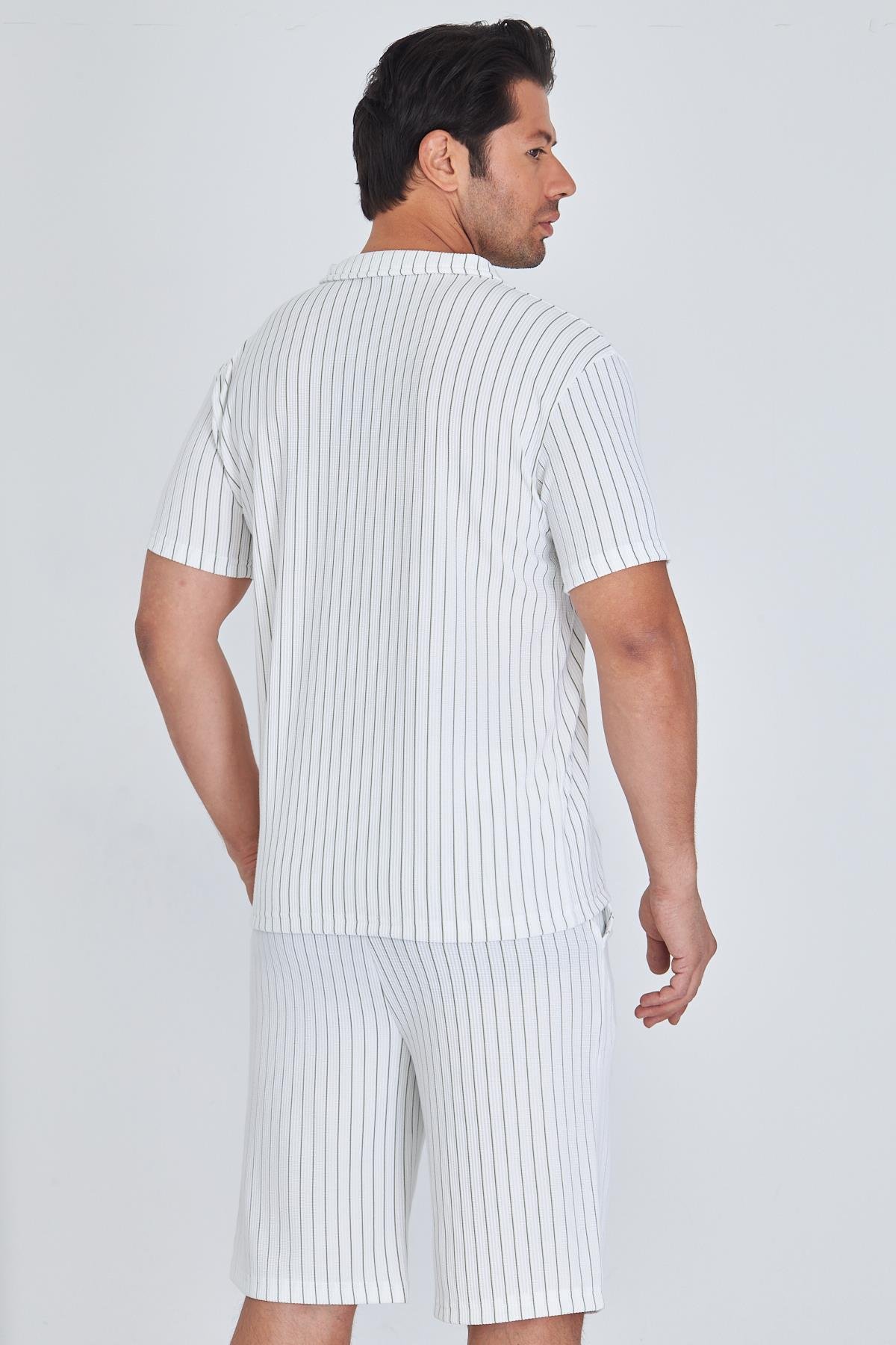 Erkek Yakalı Çizgili Polycotton T-shirt Şort İkili Takım Haki 5733-H