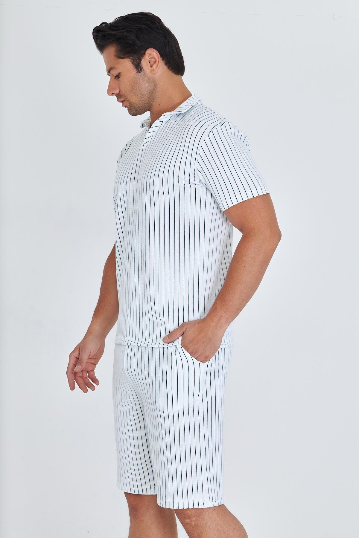 Erkek Yakalı Çizgili Polycotton T-shirt Şort İkili Takım Petrol 5733-P