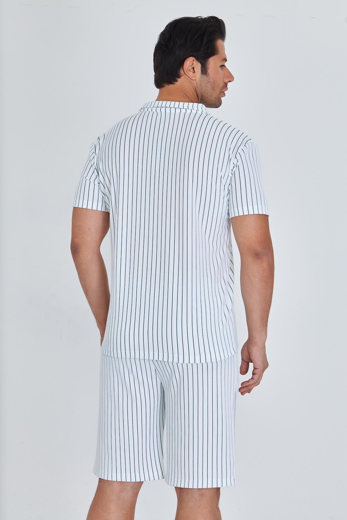 Erkek Yakalı Çizgili Polycotton T-shirt Şort İkili Takım Petrol 5733-P