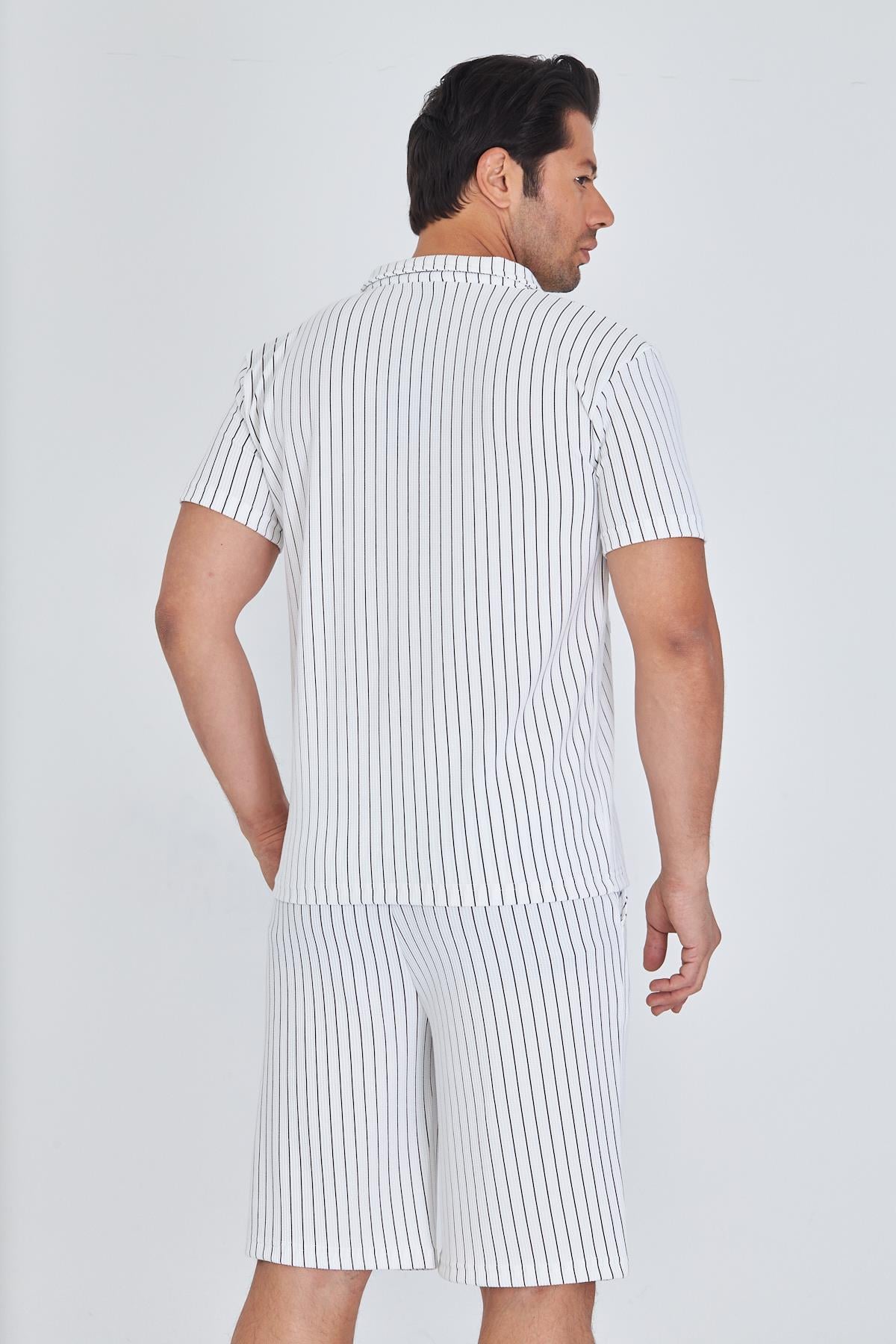 Erkek Yakalı Çizgili Polycotton T-shirt Şort İkili Takım Bej 5733-B