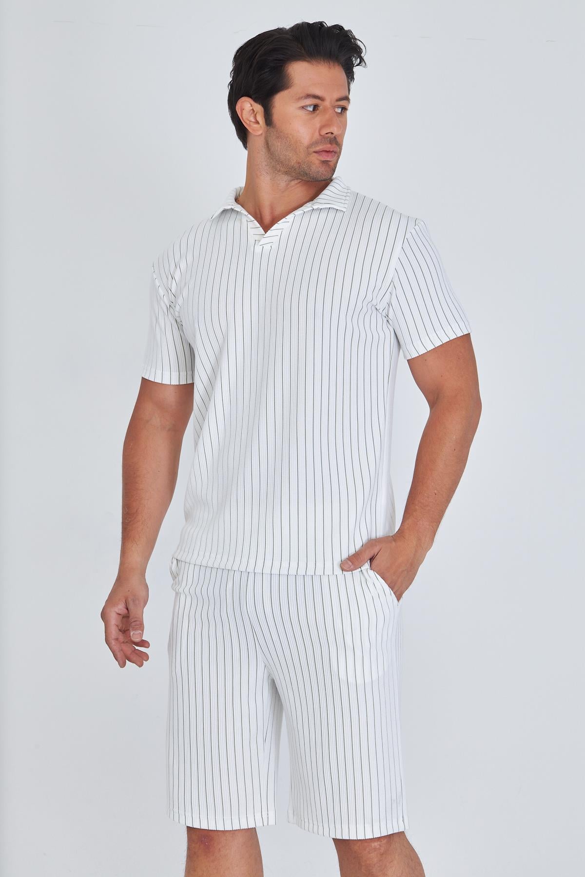 Erkek Yakalı Çizgili Polycotton T-shirt Şort İkili Takım Haki 5733-H