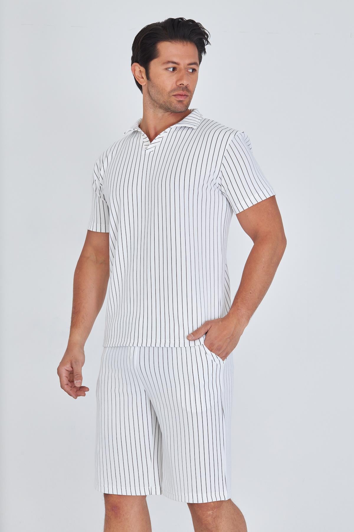 Erkek Yakalı Çizgili Polycotton T-shirt Şort İkili Takım Bej 5733-B