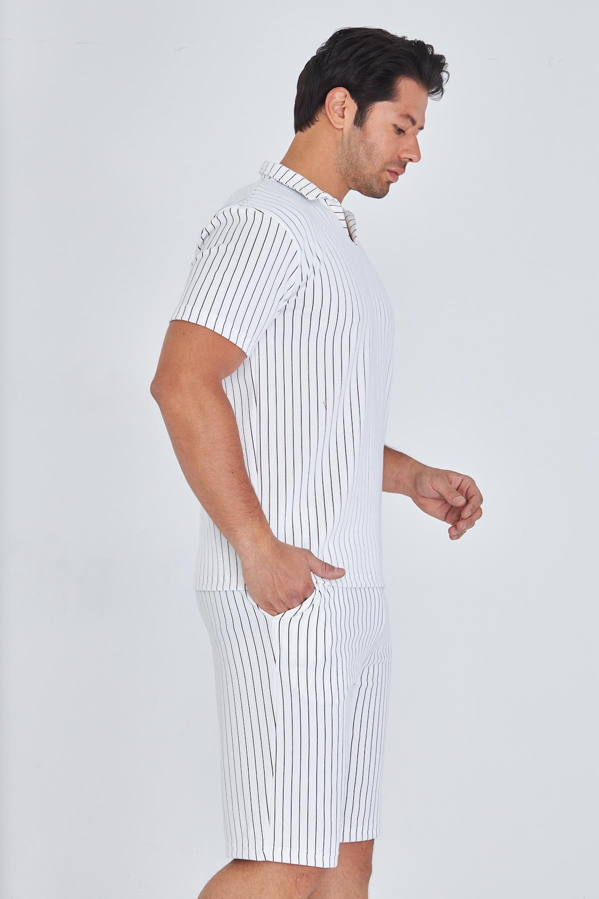 Erkek Yakalı Çizgili Polycotton T-shirt Şort İkili Takım Bej 5733-B