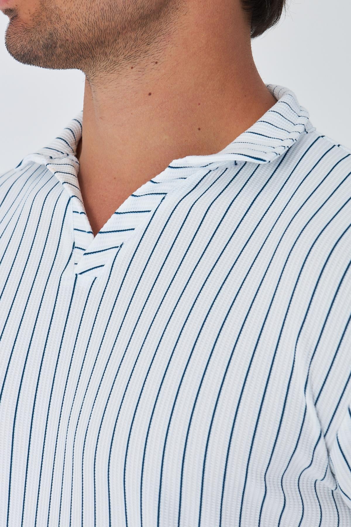 Erkek Yakalı Çizgili Polycotton T-shirt Şort İkili Takım Petrol 5733-P