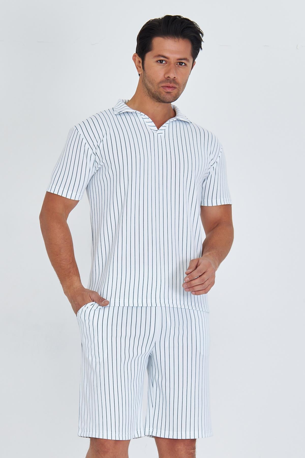 Erkek Yakalı Çizgili Polycotton T-shirt Şort İkili Takım Petrol 5733-P