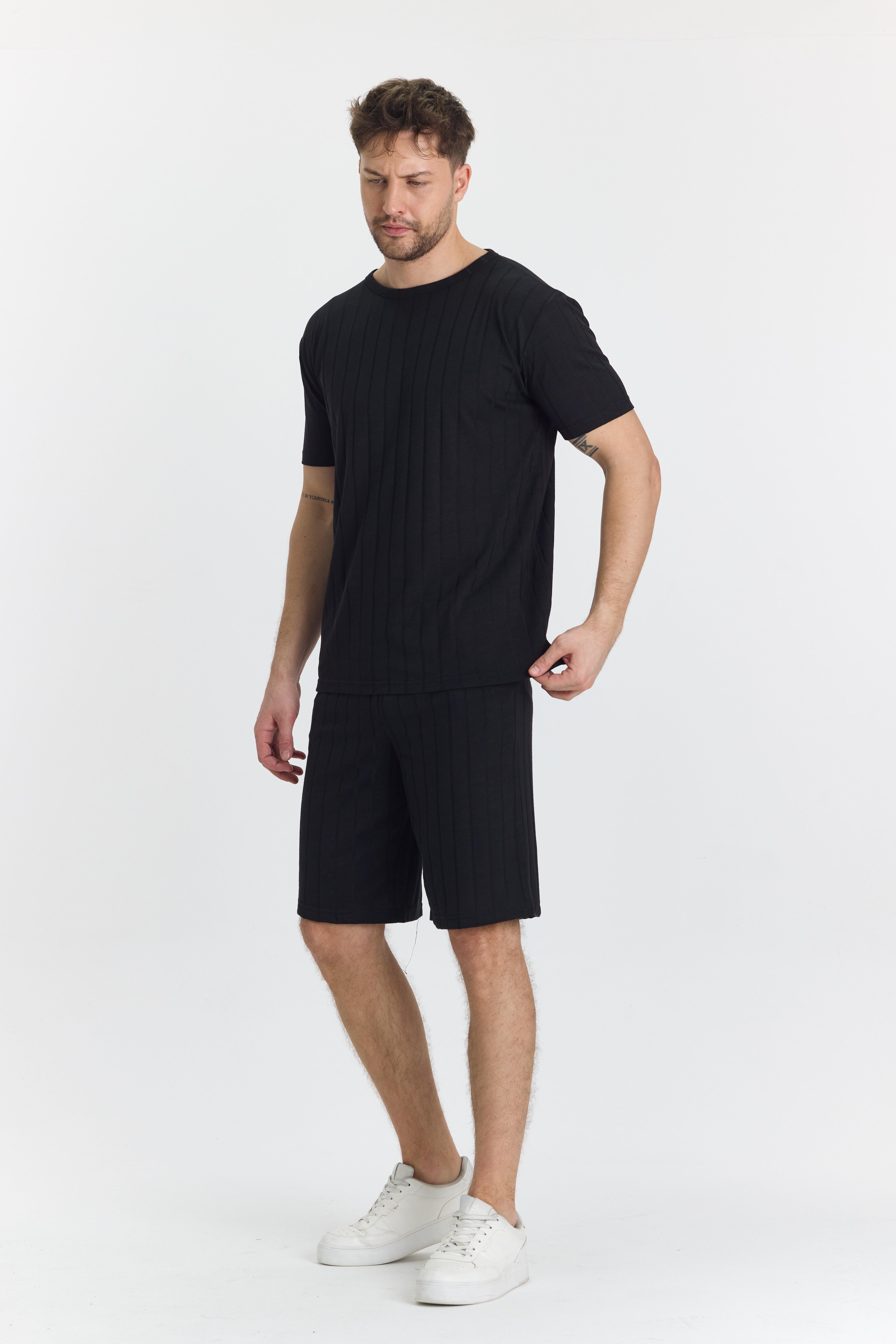 Erkek Çizgli Polycotton T-shirt Şort İkili Takım Siyah 5734-S
