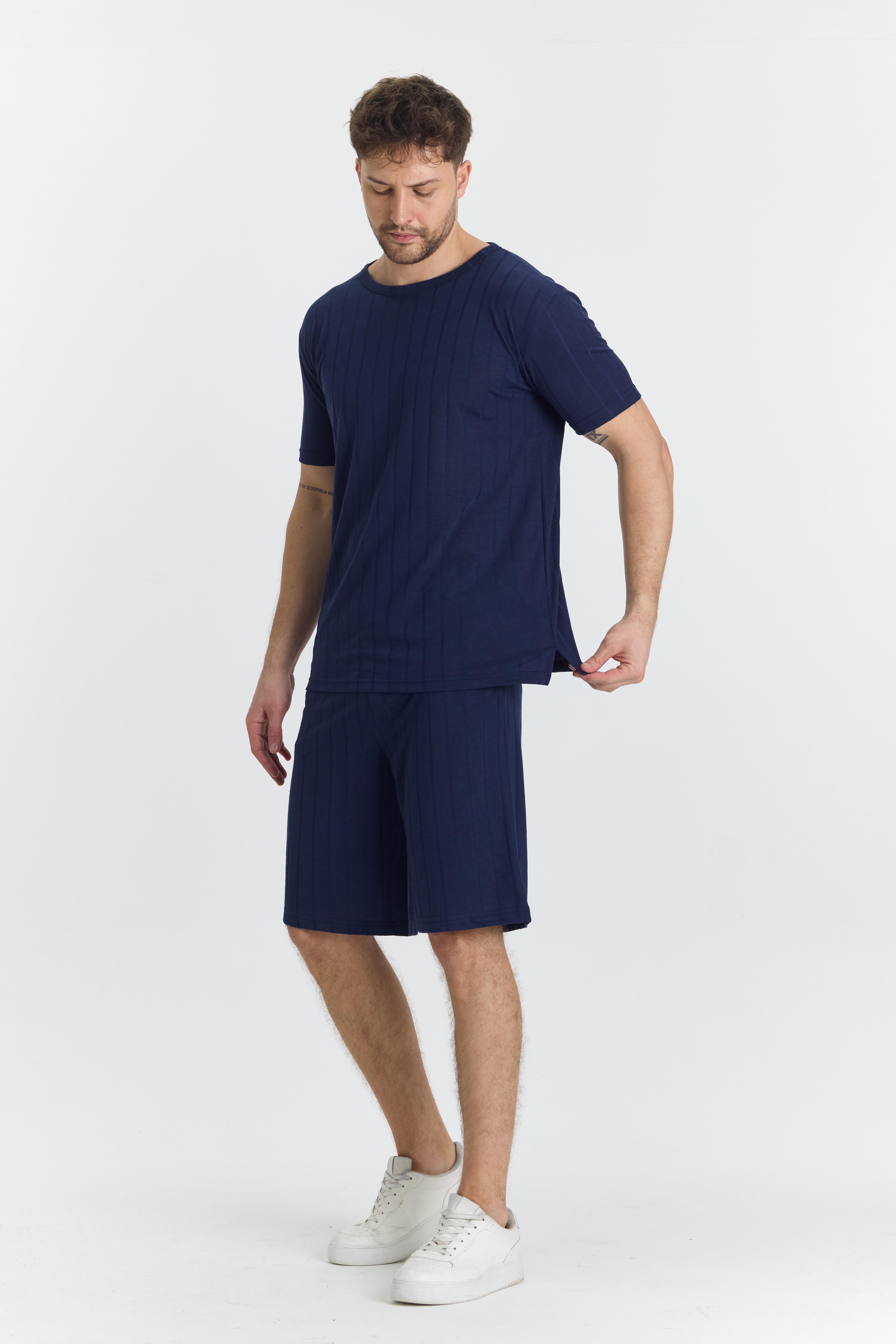 Erkek Çizgli Polycotton T-shirt Şort İkili Takım Lacivert 5734-L
